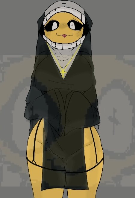 1girls, 2d, black sclera, bleh, clothed, clothing, digital, female, grace (roblox), jamyun77, nun outfit, roblox, roblox game, robloxian, seesay (grace), smile, solo, tagme, thighs, yellow skin