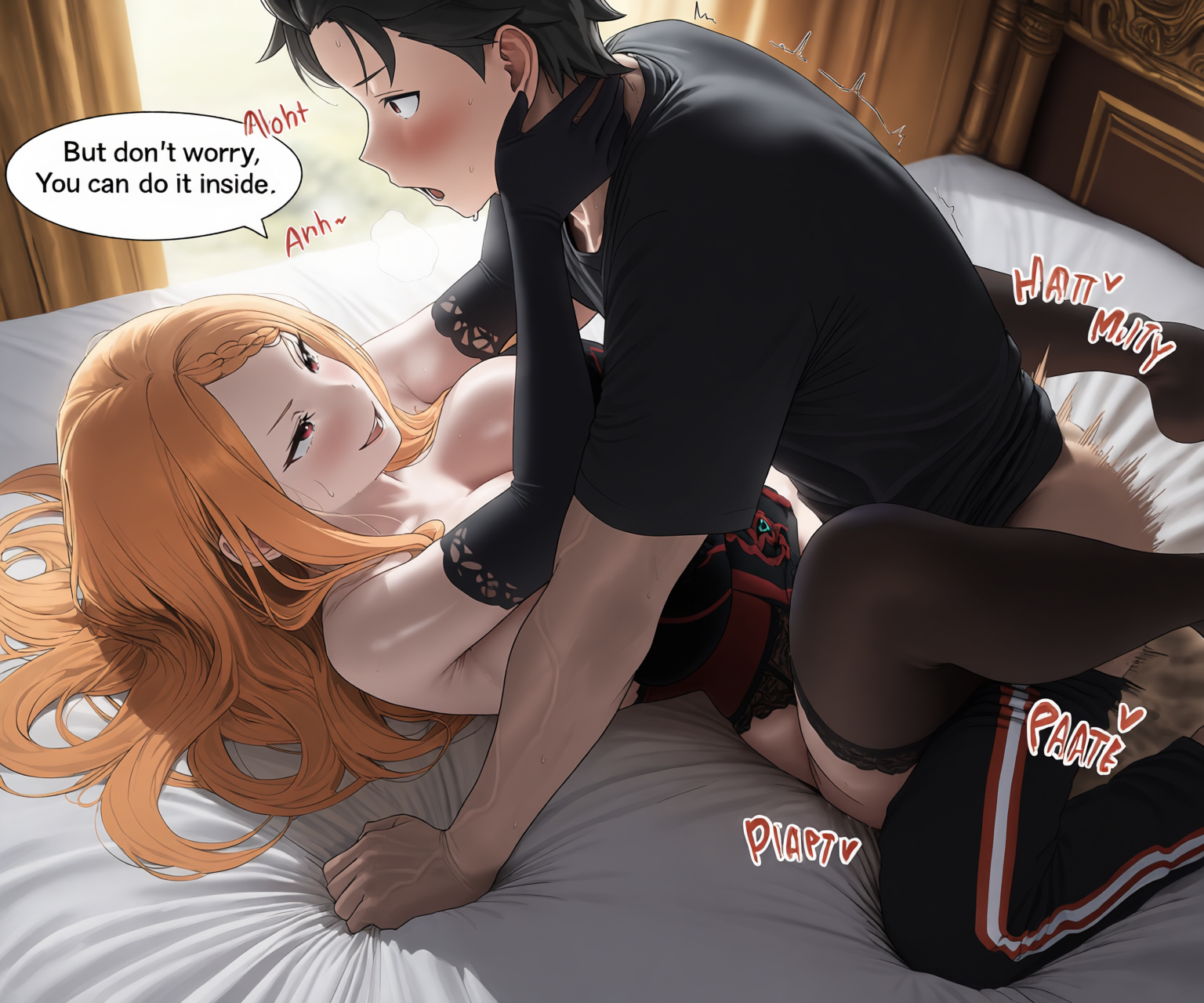 1boy, 1girl, ai generated, bare shoulders, bedroom, big breasts, black shirt, bra, cheating, cleavage, couple, day, dress, elbow gloves, enjoying, femdom, gabrail, garter belt, garter straps, lingerie, long hair, lovers, lying, lying on back, mating press, moaning, motion lines, natsuki subaru, nervous, netorare, ntr, on bed, orange hair, penetration, penis in pussy, playful, pleasure, priscilla barielle, re:zero kara hajimeru isekai seikatsu, red eyes, reverse netorare, royal, sex, smile, speech bubble, sweatdrop, thick thighs, thighhighs, thrust, thrusting, underwear