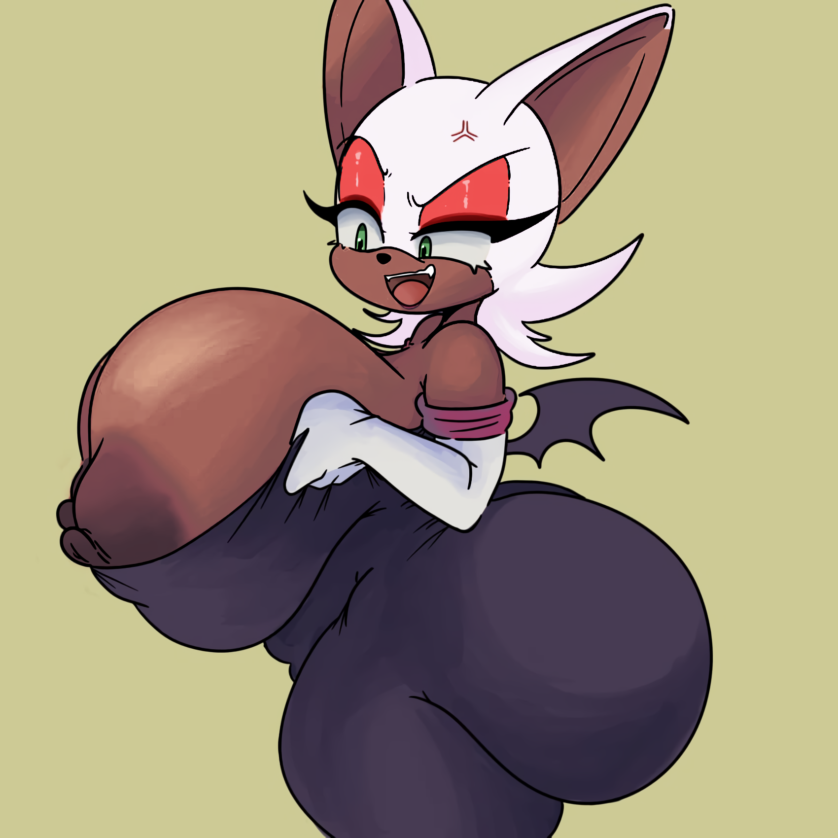 1girls, anger vein, angry, anthro, anthro only, areola slip, areolae, ass, bat, bat wings, big ass, big breasts, big butt, big ears, big thighs, breast squeeze, breast squish, breasts, breasts bigger than head, busty, chiropteran, cleavage, clothed, clothing, dark skin, dark-skinned female, elbow gloves, eyelashes, eyeshadow, female, female anthro, female focus, female only, furry, furry female, furry only, gloves, huge breasts, huge thighs, inakotho, mammal, massive breasts, membranous wings, mobian, mobian (species), mobian bat, nipple slip, nipples, open mouth, red eyeshadow, rouge the bat, sega, shortstack, side ass, side butt, side view, sideboob, simple background, skin tight, solo, sonic (series), sonic adventure 2, sonic the hedgehog (series), teeth, thick thighs, thighs, tight clothing, undersized clothes, wardrobe malfunction, white gloves, wings