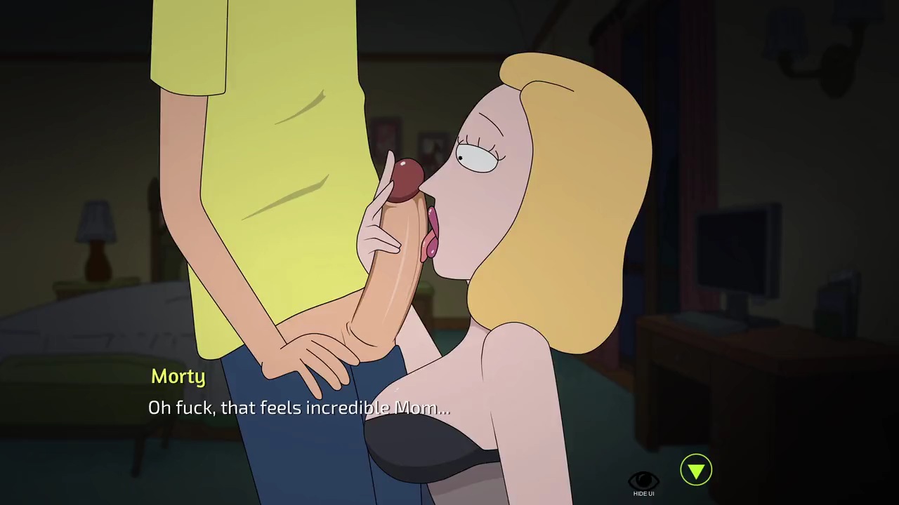 1boy, 1girls, adult swim, babydoll, beth smith, big breasts, big penis, blonde hair, bra, breasts, fellatio, female, ferdafs, incest, licking penis, lipstick, long hair, looking at penis, male, milf, morty smith, mother, mother and son, older female, older female and younger male, penis, red lipstick, rick and morty, rick and morty: a way back home, shoulder length hair, sideboob, unseen male face
