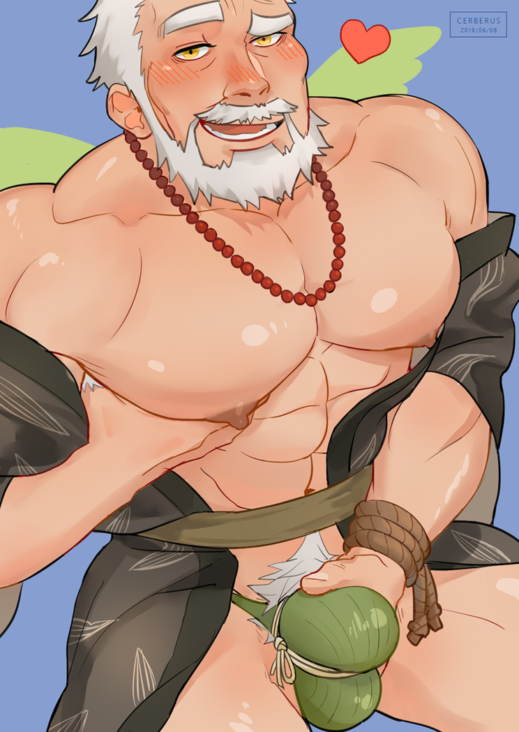 1boy armpit_hair beard big_pecs blush bulge bulge_fondling bulge_grab cerberus_arts facial_hair heart hogen_(tokyo_afterschool_summoners) holding_pecs human human_only looking_at_viewer male male_only muscular muscular_male nipples pubic_hair solo solo_male tokyo_afterschool_summoners underwear white_hair