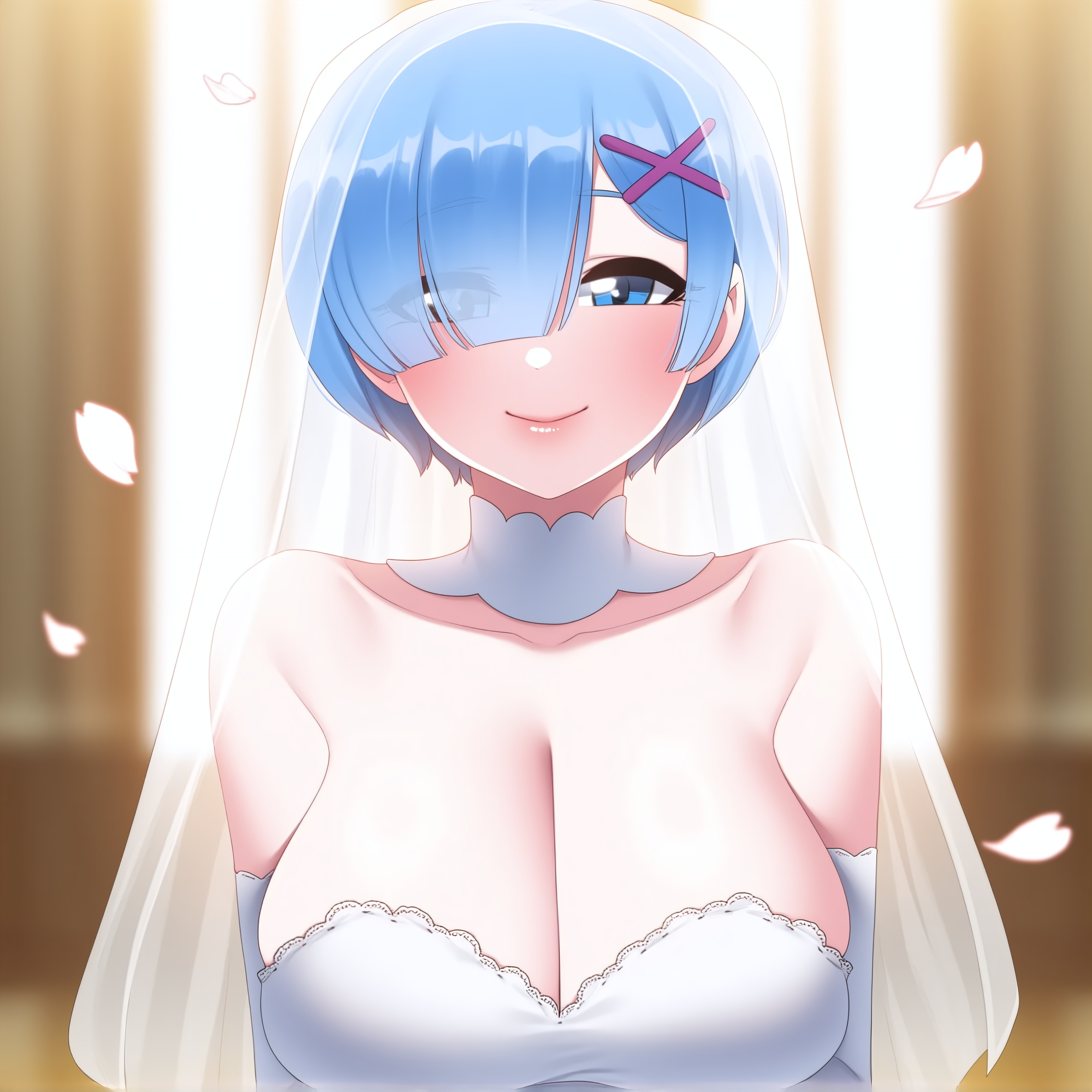 1girl, ai generated, at, background, bare, blue, blurry, blush, body, breasts, bridal, bride, cleavage, closed, collarbone, dress, elbow, eye, eyes, falling, gloves, hair, large, looking, mouth, one, ornament, over, petals, re:zero kara hajimeru isekai seikatsu, rem (re:zero), short, shoulders, smile, solo, strapless, through, upper, veil, viewer, visible, wedding, white, x