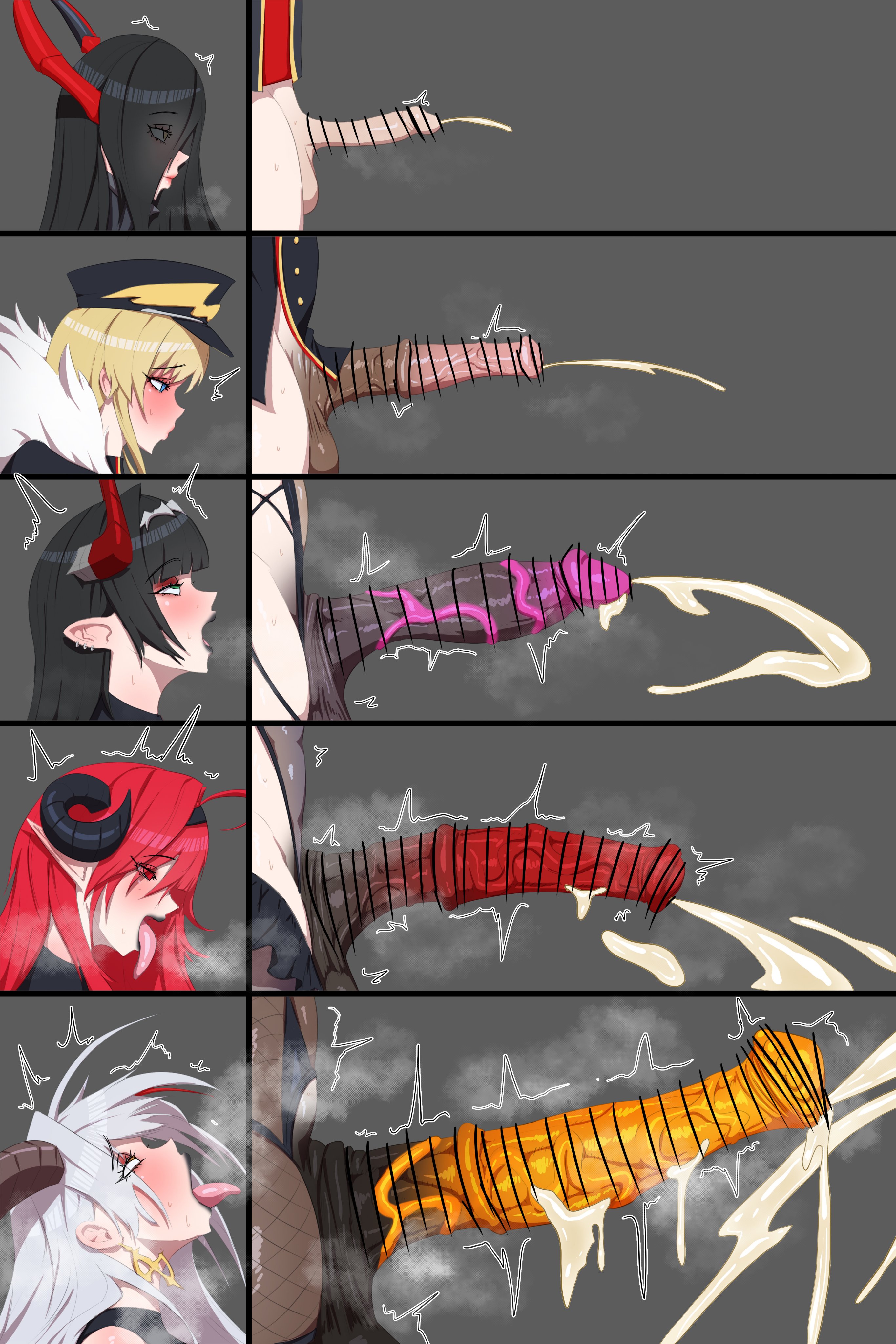 2026, 2d, 5futas, aegir (azur lane), ahegao, animal genitalia, azur lane, bismarck zwei (azur lane), black hair, black horns, blonde hair, blue eyes, brown horns, buttons, censored, chart, earrings, elf ears, eyes rolling back, fishnet legwear, friedrich der grosse (azur lane), futa only, futanari, goetz von berlichingen (azur lane), hindenburg (azur lane), horns, horsecock, huge balls, huge cock, massive cock, medial ring, military hat, monster cock, normal penis, penis size comparison, penis size difference, pleasure face, purple penis, red eyes, red hair, red horns, red penis, ship girl, tagme, tiny penis, tongue out, veiny penis, virility difference, weak cumshot, white hair, yellow penis, yonpii