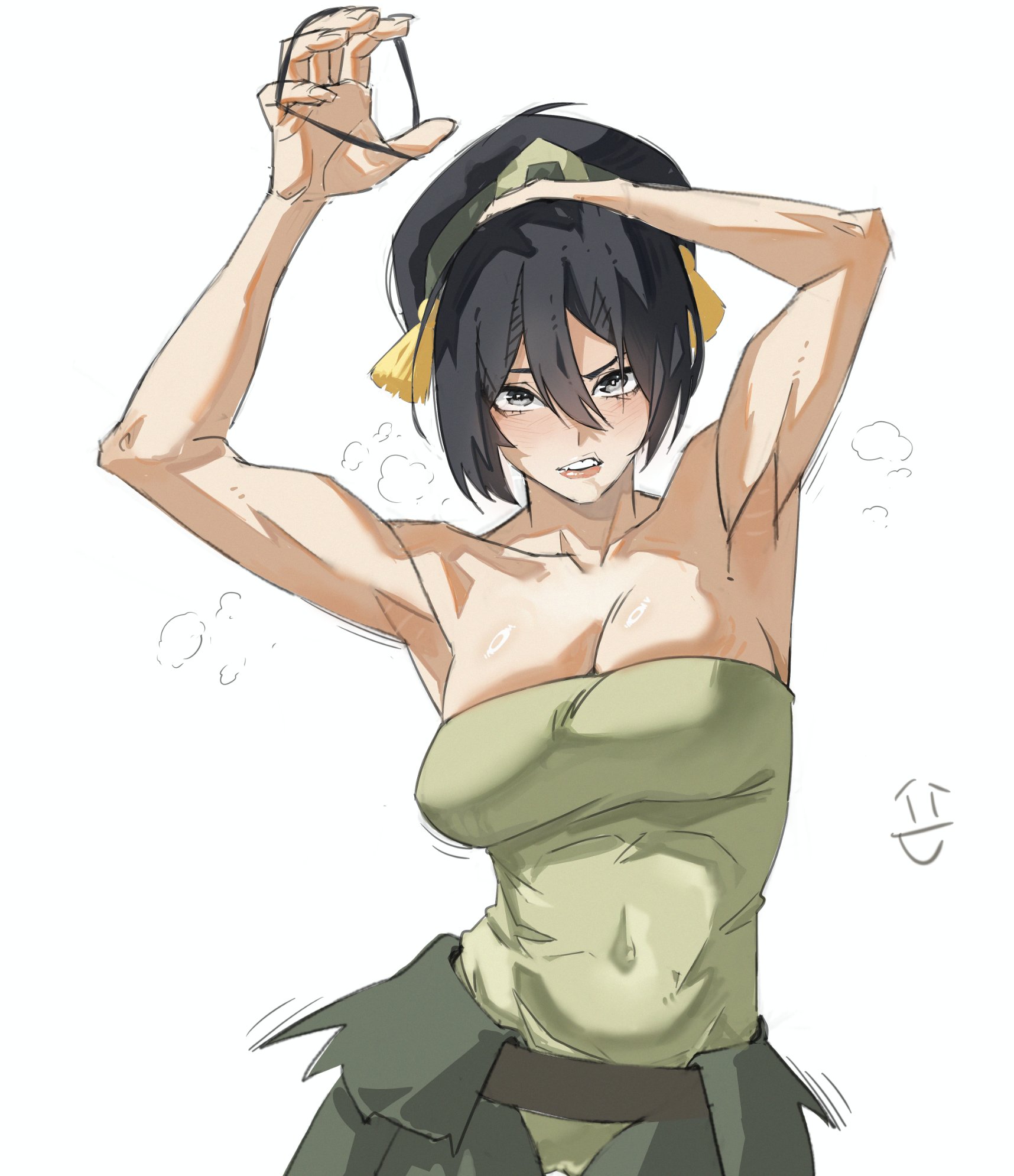 1girl, 1girls, armpits, arms up, avatar legends, black eyes, black hair, breasts, cleavage, large breasts, short hair, solo, sweat, tagme, the legend of aang, toph bei fong
