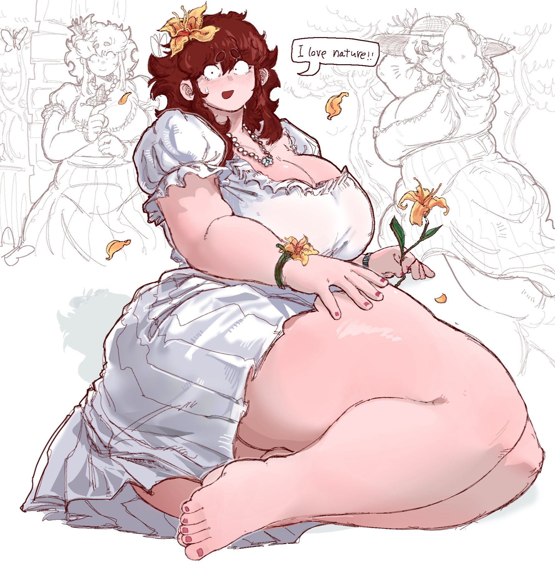 1girls, auburn hair, background, bbw, beautiful, blush, bottom heavy, chubby, chubby belly, chubby female, cleavage, cute, dress, fat, feet, female, flower, flower in hair, french, friday night funkin, friday night funkin mod, girlfriend (friday night funkin), huge breasts, huge thighs, hyper thighs, korean nooby (artist), looking at viewer, massacre girlfriend (friday night funkin), millie (mistful crimson morning), mistful crimson morning, nervous sweat, oc, original, sitting, sketch page, sweat, sweatdrop, thick ass, thick female, thick thighs, thighs, thunder thighs, tight clothing, white dress, wholesome, wide hips