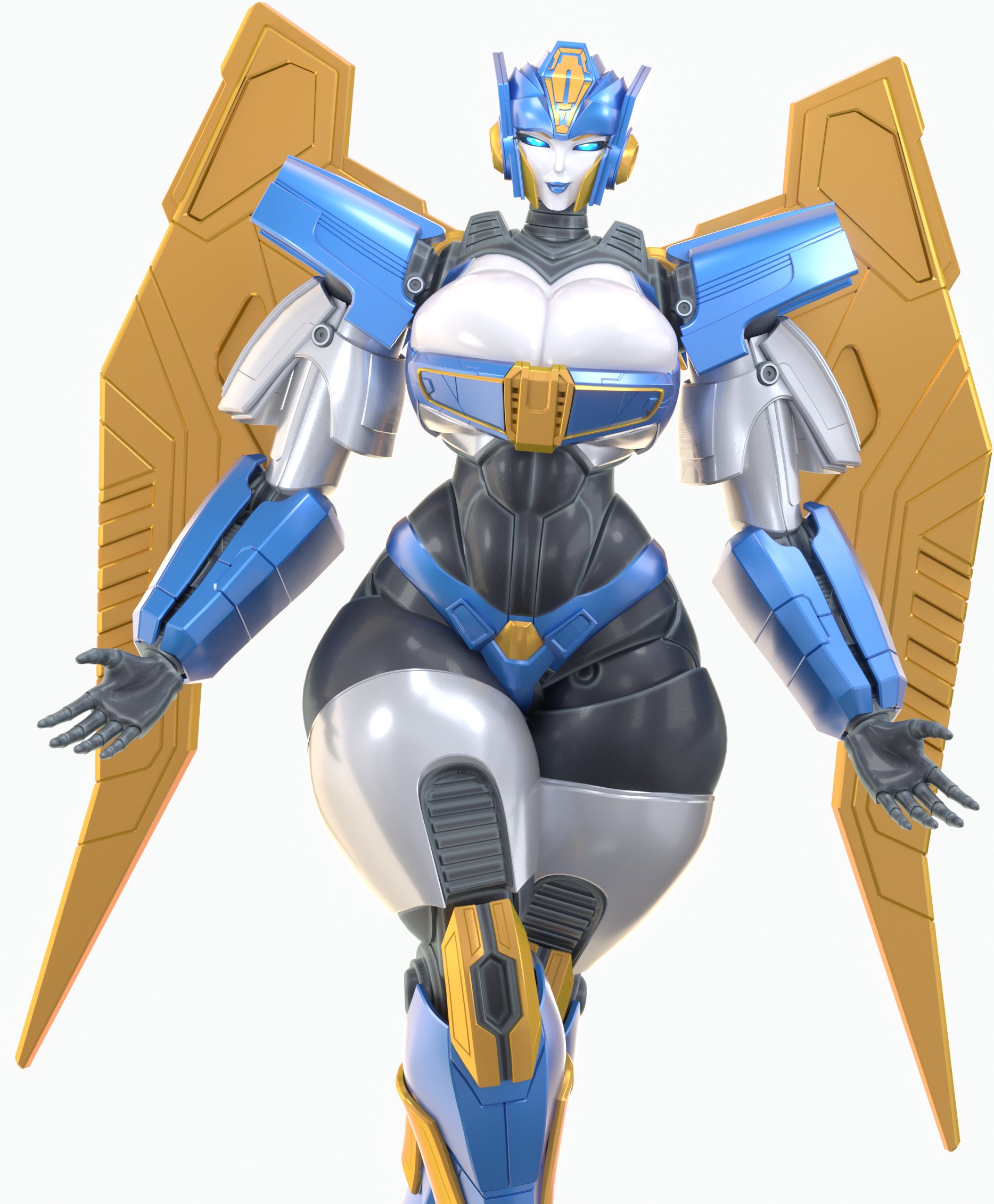 2026, 3d, 3d (artwork), 3d render, big breasts, blue body, blue eyes, breasts bigger than head, cybertronian, female, female only, genderswap, genderswap (mtf), gold highlights, gold wings, grey thighs, robot, robot girl, rule 63, sentinel prime, solo, soundpunk501, transformers, transformers one, visible cleavage
