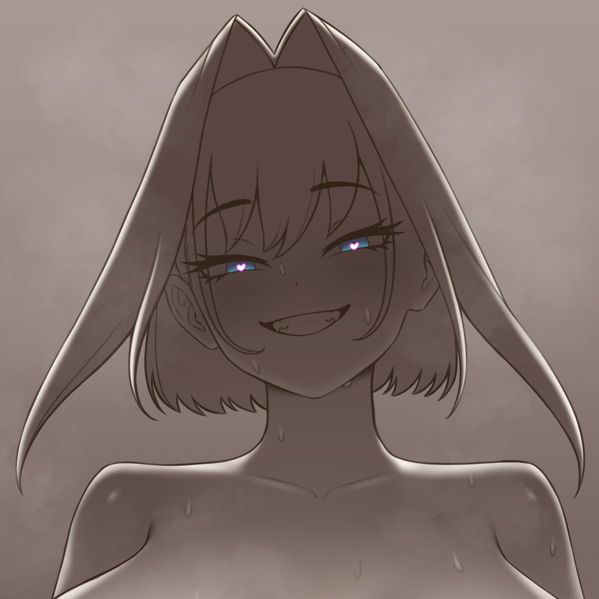 1girls, bare shoulders, big breasts, blue eyes, blush, blushing, breasts, bust portrait, cipher4109, eyebrows, eyebrows visible through hair, female, greyscale, grin, hair between eyes, hair intakes, hair vents, heart eyes, hololive, hololive english, hololive english -council-, hololive english -promise-, large breasts, looking at viewer, lower body out of frame, monochrome, naked, naked female, nude, ouro kronii, short hair, smile, smiling at viewer, solo, solo focus, steamy breath, sweat, sweatdrop, sweatdrops, sweating, sweaty body, sweaty breasts, sweaty face, toothy smile, topless, upper body out of frame, virtual youtuber