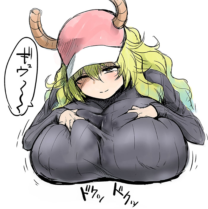 ahemaru, baseball cap, big breasts, breast grab, breast squeeze, breasts, dragon girl, dragon horns, female, female only, green hair, groping breasts, groping self, hand on breast, huge breasts, implied paizuri, long hair, looking up, mature female, milf, miss kobayashi's dragon maid, nipple bulge, paizuri, quetzalcoatl (dragon maid), solo, solo female, sweater