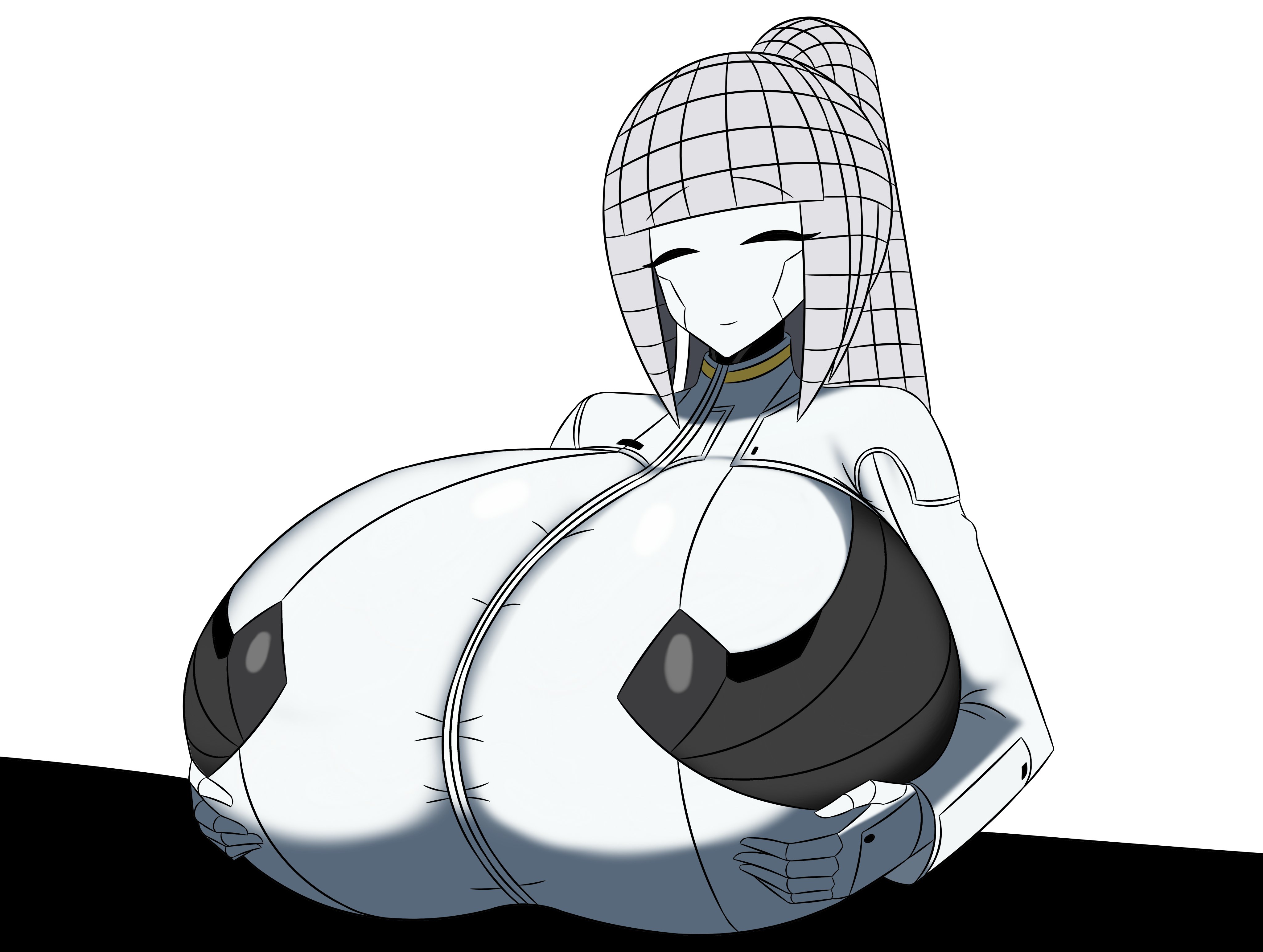 albina (limbus company), chesed95850218, closed eyes, delete alliance, enormous breasts, holding breast, limbus company, project moon, robot girl, tagme