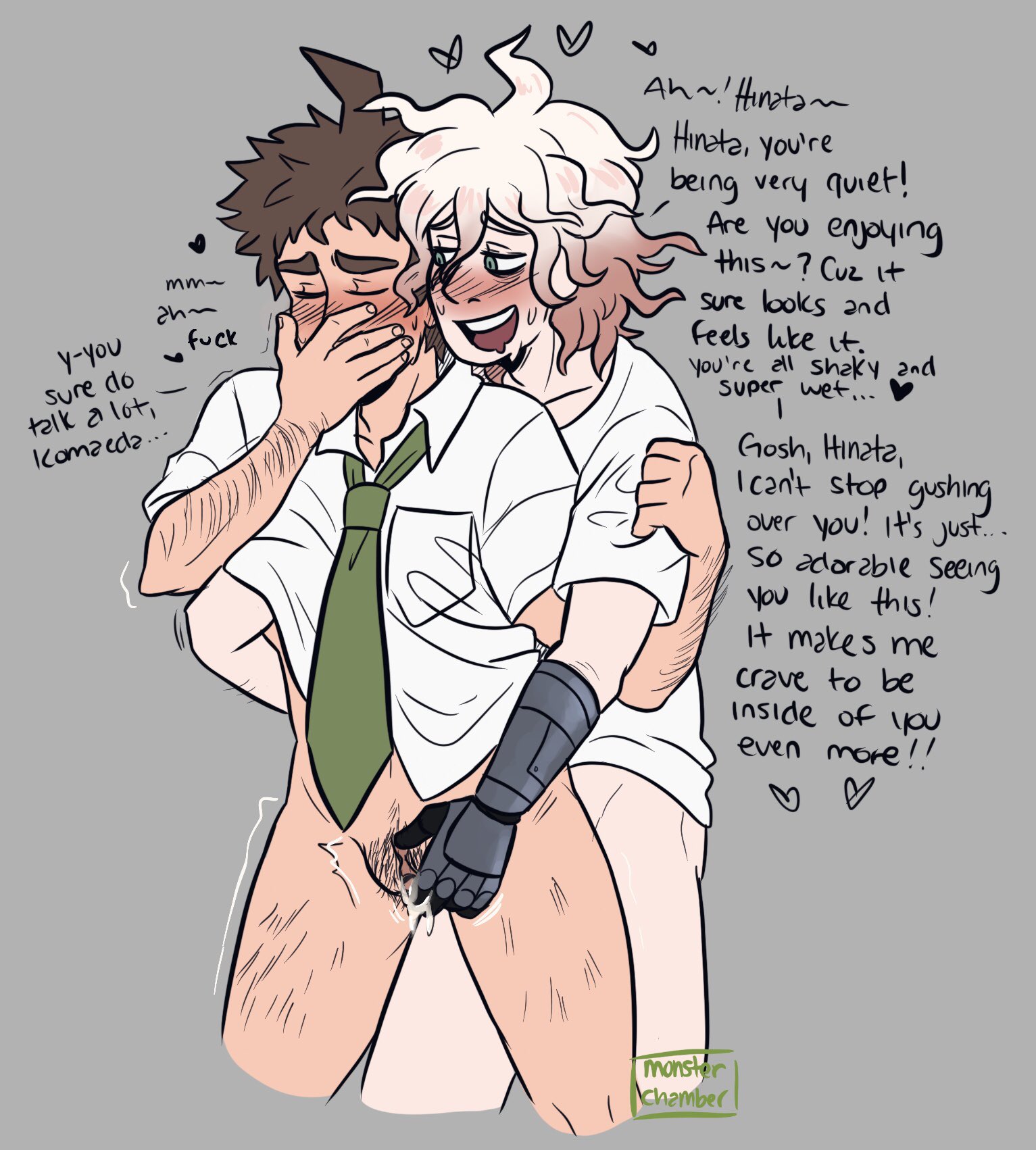 1boy, 1cuntboy, artist name, beige skin, blush, brown hair, covering mouth, cuntboy, danganronpa, danganronpa 2: goodbye despair, dialogue, english text, green eyes, grey background, hairy, hairy arms, hand over own mouth, hinata hajime, intersex, leaking precum, leaking pussy, looking at partner, male, mechanical arm, monsterchamber, nagito komaeda, open smile, pale skin, partially clothed, partially nude, pubic hair, pussy, rubbing pussy, simple background, smile, smooth skin, standing, standing sex, straight hair, text, touching pussy, trans man, transmasc, wet pussy, white hair