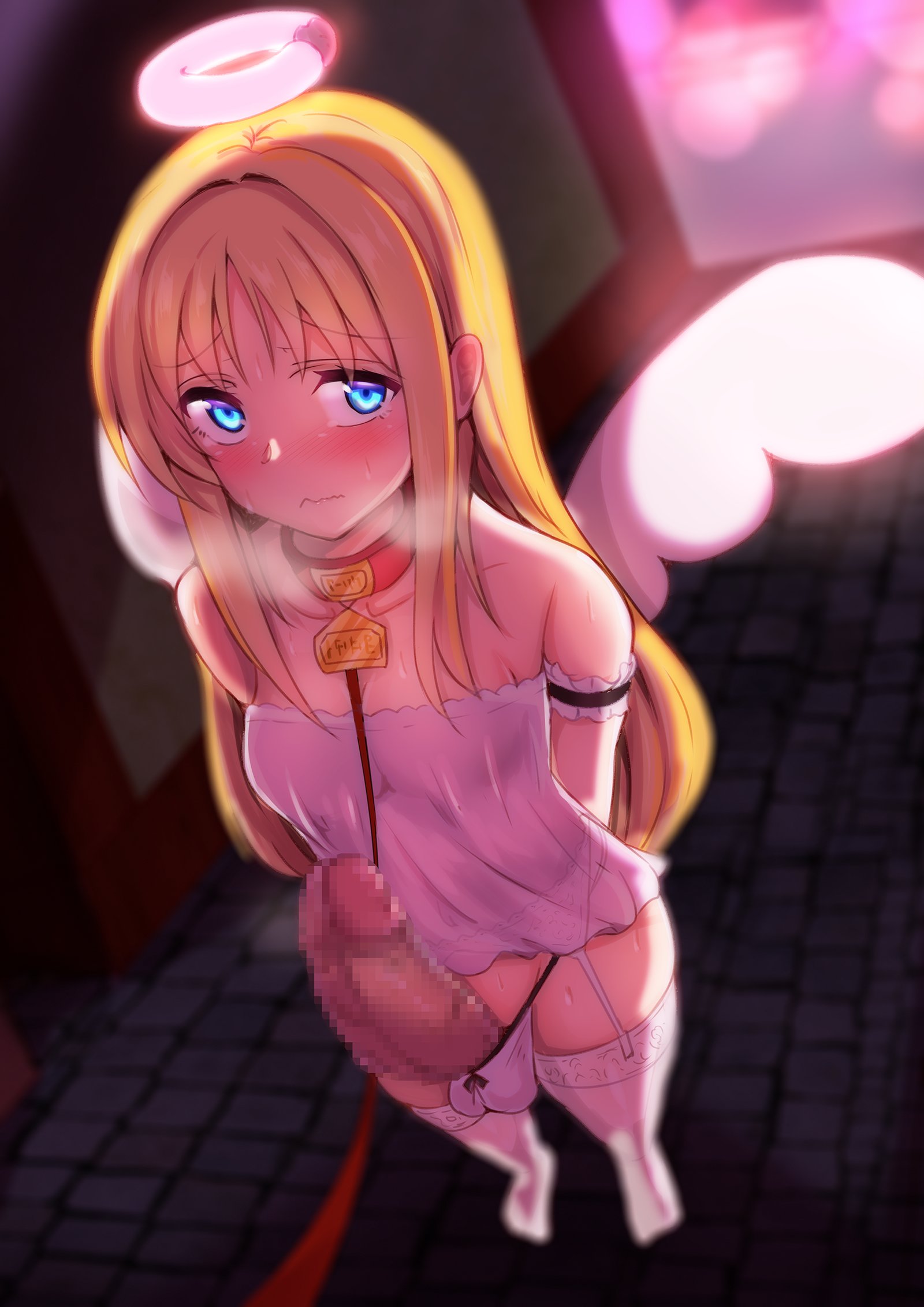 1futa, arms behind back, balls, balls in panties, big balls, blush, censored, clothed, clothing, crimvael, ebon, futa only, futanari, garter straps, high-angle view, huge cock, intersex, ishuzoku reviewers, leash, light skin, light-skinned futa, mosaic censoring, pale skin, partially clothed, penis, small but hung, solo, standing, tagme, thighhighs, wavy mouth