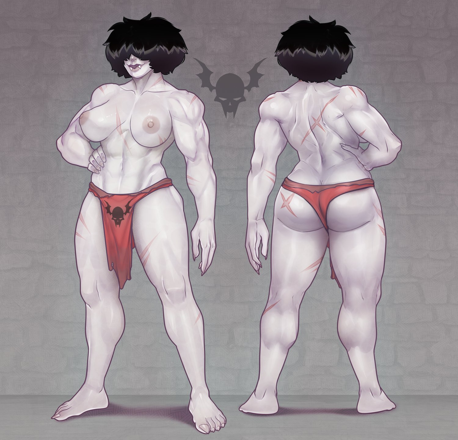 1futa, areolae, ass, ass cleavage, ass crack, back, barely visible genitalia, big breasts, black hair, breasts, butt crack, derek hetrick, fangs, futa only, futa vampire, futanari, hair between eyes, hair over eyes, hand on hip, hi res, humanoid, intersex, medium hair, muscles, muscular, muscular futa, nipples, pale skin, pale-skinned futa, partially nude, scar, scars, scars all over, smile, solo, solo futa, standing, thong, vampire, wide hips