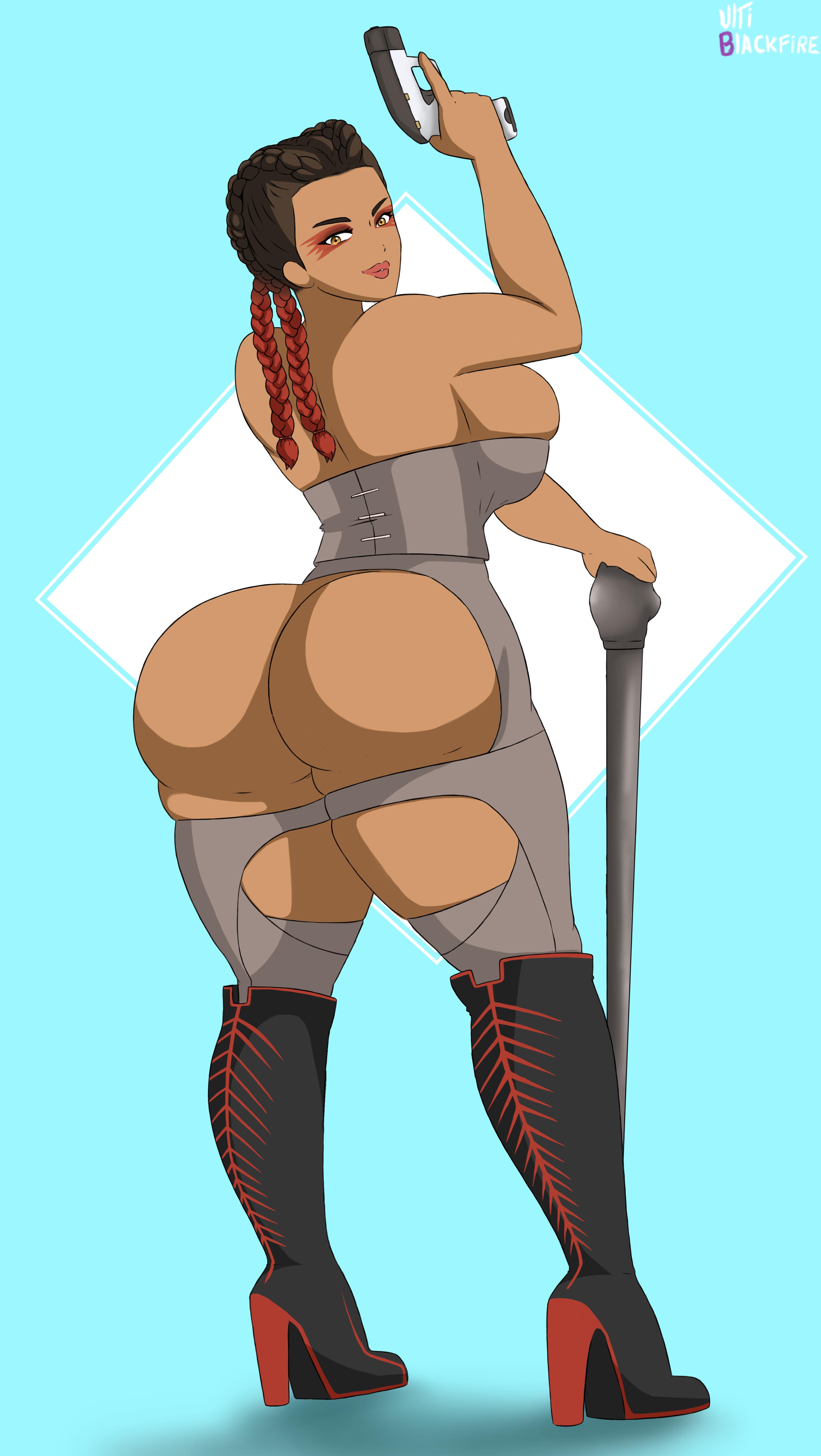 2d, apex legends, ass, big ass, big breasts, big butt, boots, bottomless, braided hair, breasts, bubble ass, bubble butt, female, gun, high heel boots, high heels, huge ass, large ass, loba (apex legends), looking at viewer, looking back, makeup, plump, plump ass, thick, thick ass, thick thighs, ultiblackfire, voluptuous, weapon, wide hips