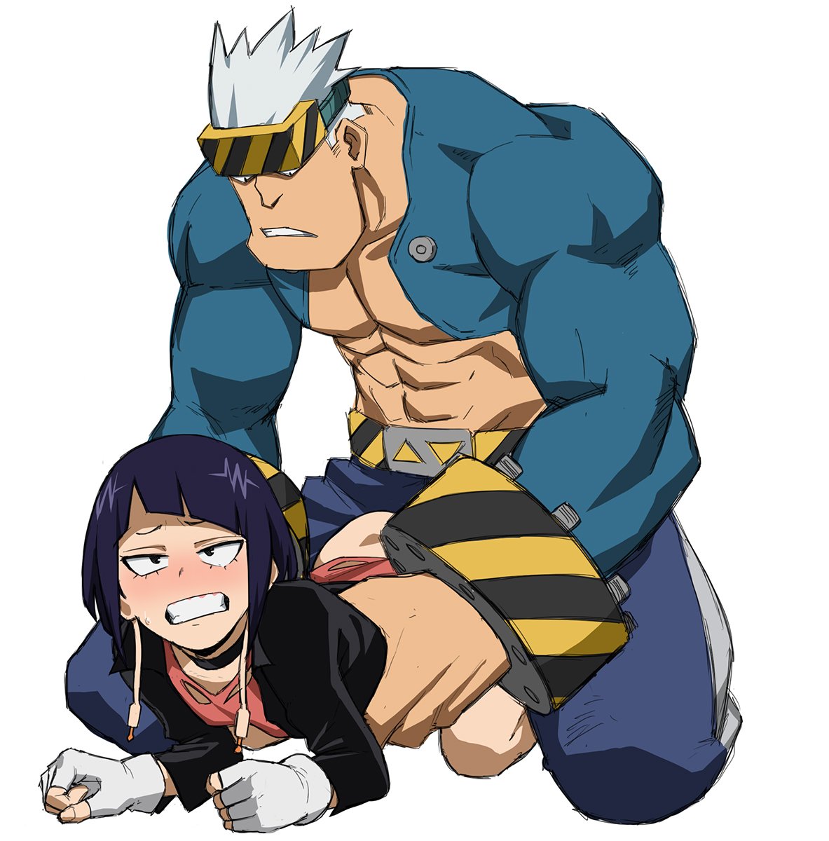 1boy 1girls age_difference all_fours ambiguous_penetration ass big_penis blush bob_cut clenched_teeth death_arms_(my_hero_academia) doggy_style earlobe_jacks female fingerless_gloves from_behind grabbing_hips headphones hero_outfit_(mha) imminent_sex kyoka_jiro looking_pleasured male muscular muscular_male my_hero_academia older_male penis purple_hair rolling_eyes sex shoganight short_hair size_difference skinny_girl small_breasts straight straight_sex thighs younger_female