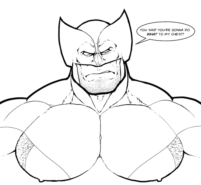 bara big_pecs chest_hair facial_hair hairy male_only marvel mask masked masked_male monochrome muscular muscular_arms muscular_male pecs ripped-saurian solo solo_male speech_bubble text wolverine wolverine_(x-men) x-men