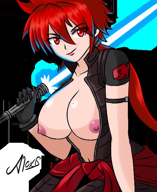 1girls allexxiss big_breasts black_suit breasts breasts_out happy happy_facial jacket_around_waist licht_(metal_slug) looking_at_viewer metal_slug metal_slug_attack red_eyes red_hair red_jacket rule_63 seductive snk sword