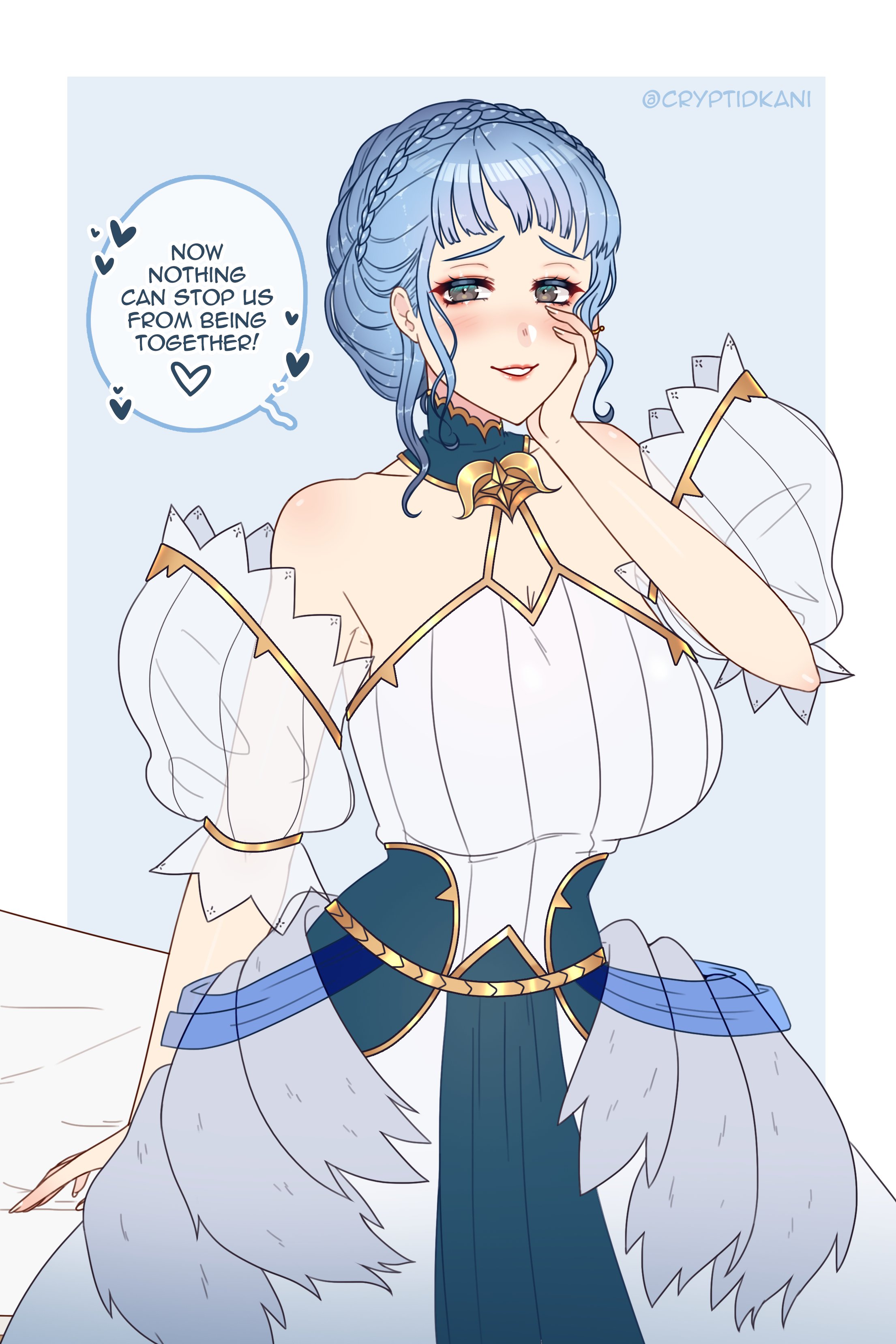 1girls, alternate costume, bare shoulders, blue hair, blush, bride, cleavage, cryptid crab, cute, detached sleeves, english text, female, fire emblem, fire emblem: three houses, grey eyes, grin, hand on own face, light blue hair, looking at viewer, marianne von edmund, nintendo, on bed, ring, see-through, short hair, short sleeves, sitting, smile, solo, solo female, text, wedding dress, wedding ring, wholesome