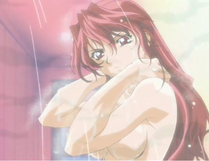 bathroom breasts covering_breasts excel_saga long_hair misaki_matsuya nude nude_female red_eyes red_hair screencap