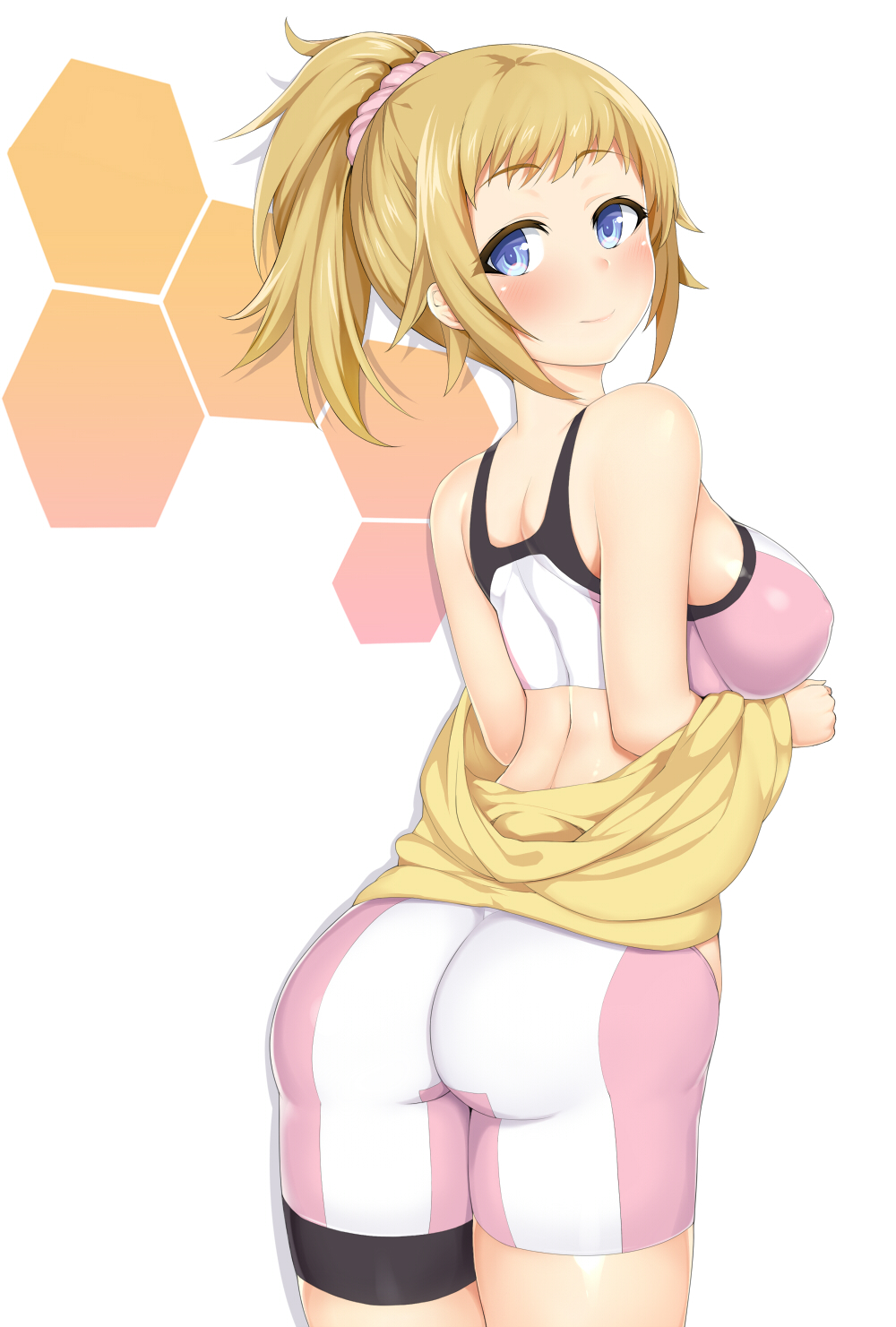 ass blonde_hair blue_eyes breasts female gundam gundam_build_fighters gundam_build_fighters_try hoshino_fumina looking_back nipple_bulge simple_background smile sportswear yomomirin