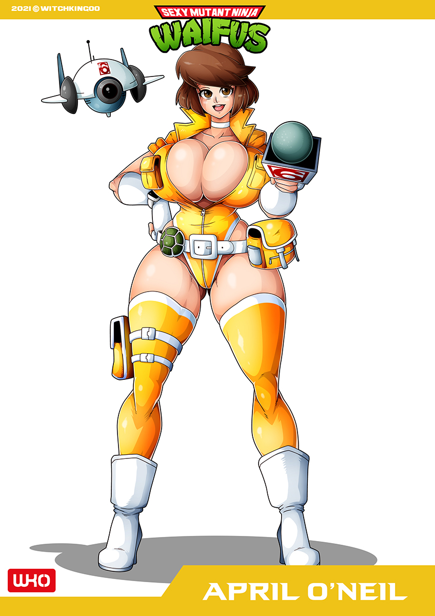 april_o'neil april_o'neil_(tmnt_1987) armwear belt big_breasts brown_hair character_name choker cleavage drone electronics female footwear high_heel_boots huge_breasts human legwear leotard microphone outerwear pale_skin short_hair solo solo_focus standing teenage_mutant_ninja_turtles text thigh_strap thighhighs tmnt_1987 witchking00 wristwear yellow_legwear