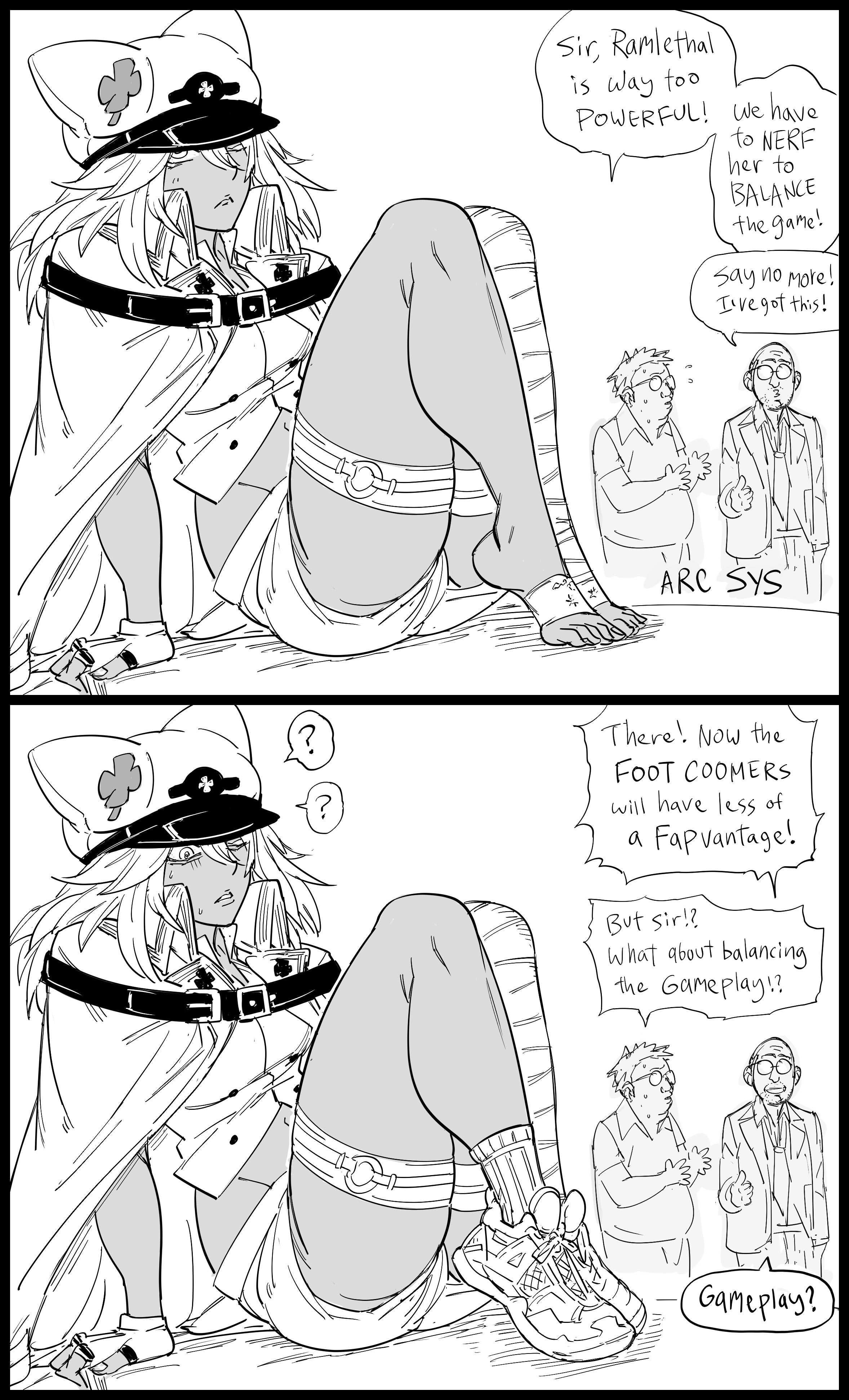 1girls, 2boys, absurd res, arc system works, bb (baalbuddy), black and white, dark skin, dark-skinned female, dialogue, english text, female, funny, guilty gear, male, monochrome, ramlethal valentine, speech bubble, text, two panel image, white background