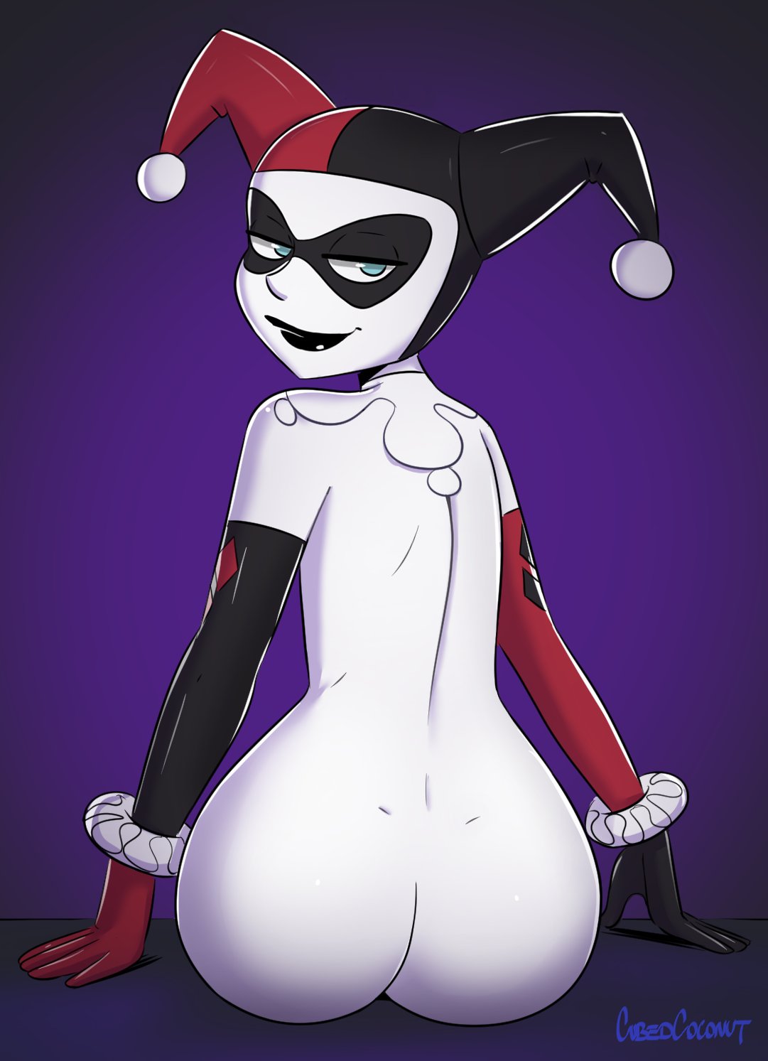 1girls, ass, back view, batman (series), batman: the animated series, big ass, big butt, black lipstick, blue eyes, bubble ass, bubble butt, cubedcoconut, dc, dc comics, dcau, exposed torso, female, female only, handwear, harley quinn, harley quinn (classic), headwear, looking at viewer, looking back, looking back at viewer, mostly nude, purple background, round ass, seductive, seductive gaze, solo, solo female