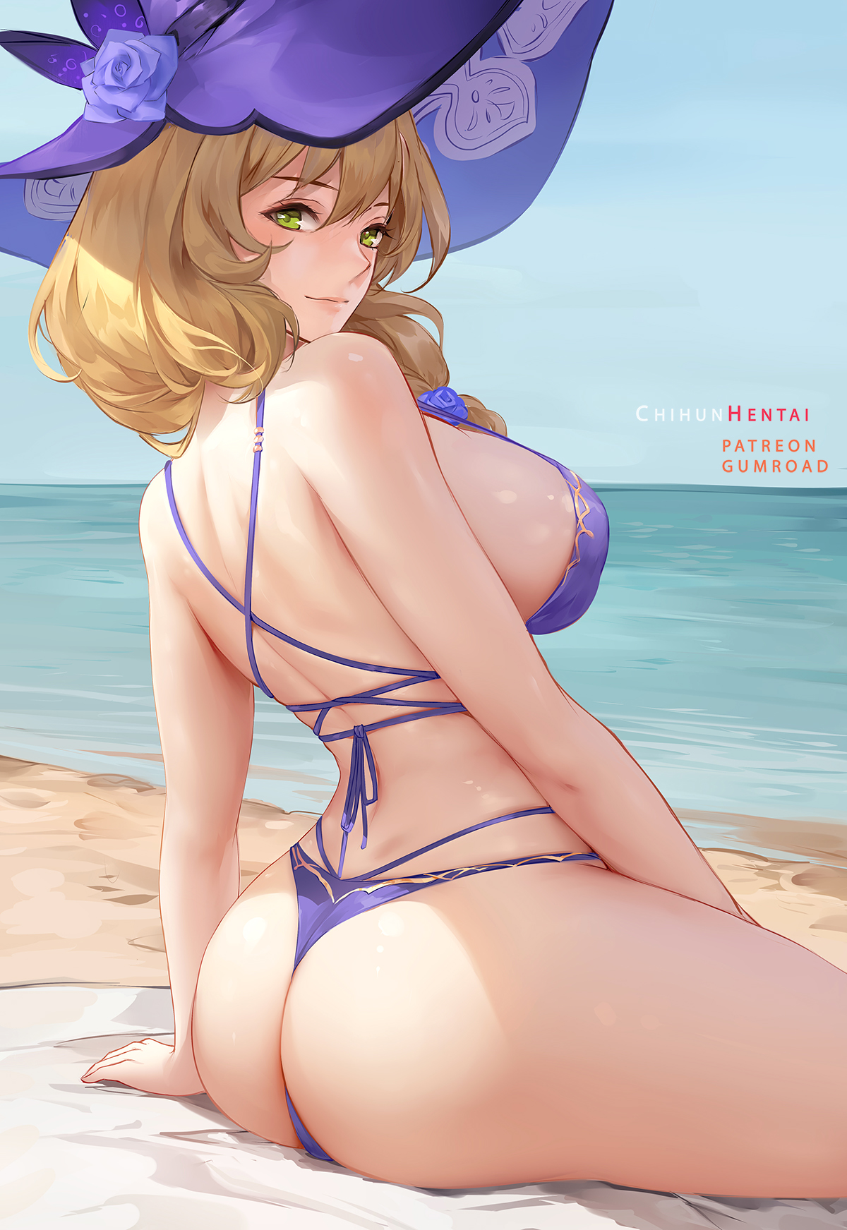 1girls, ass, beach, big breasts, bikini, breasts, brown hair, chihunhentai, female, female only, genshin impact, green eyes, hi res, huge ass, huge breasts, light-skinned female, lisa (genshin impact), looking at viewer, smile, solo, swimsuit, witch hat