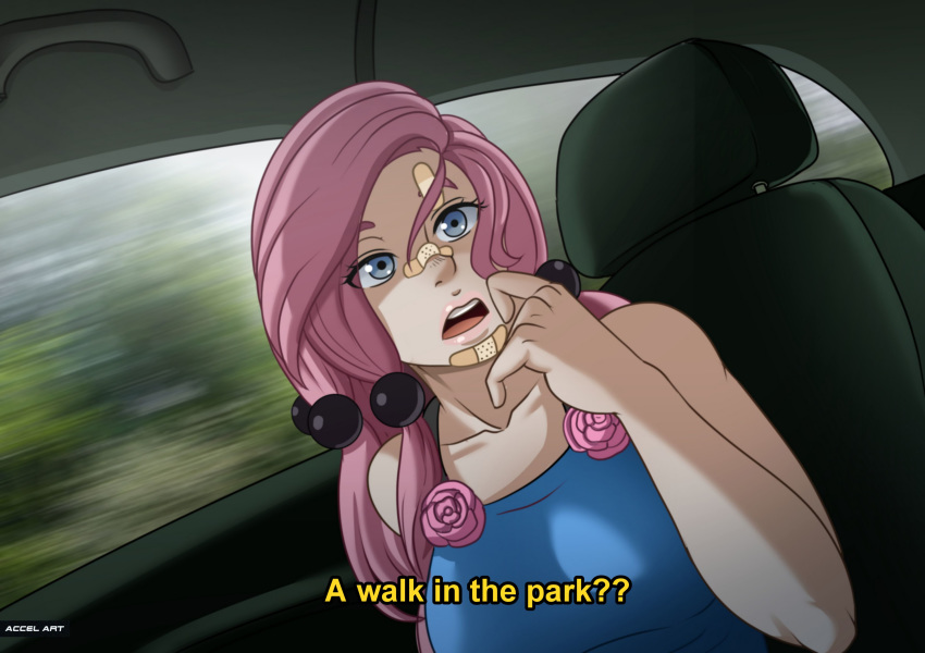 1girls accelart bandage bandages blue_eyes breasts car car_interior fake_taxi female female_focus female_only in_car jojo's_bizarre_adventure jojolion pink_hair roses shounen_jump sleeveless solo solo_female taxi yasuho_hirose