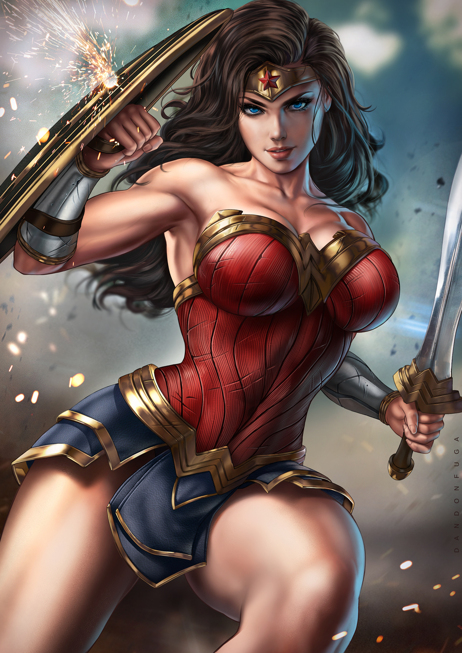 1girls, big breasts, blue eyes, breasts, cleavage, dandon fuga, dc, dc comics, dc extended universe, diana prince, female, female only, fully clothed, large breasts, looking at viewer, shield, skirt, solo, superheroine, sword, thick thighs, weapon, wonder woman, wonder woman (series)