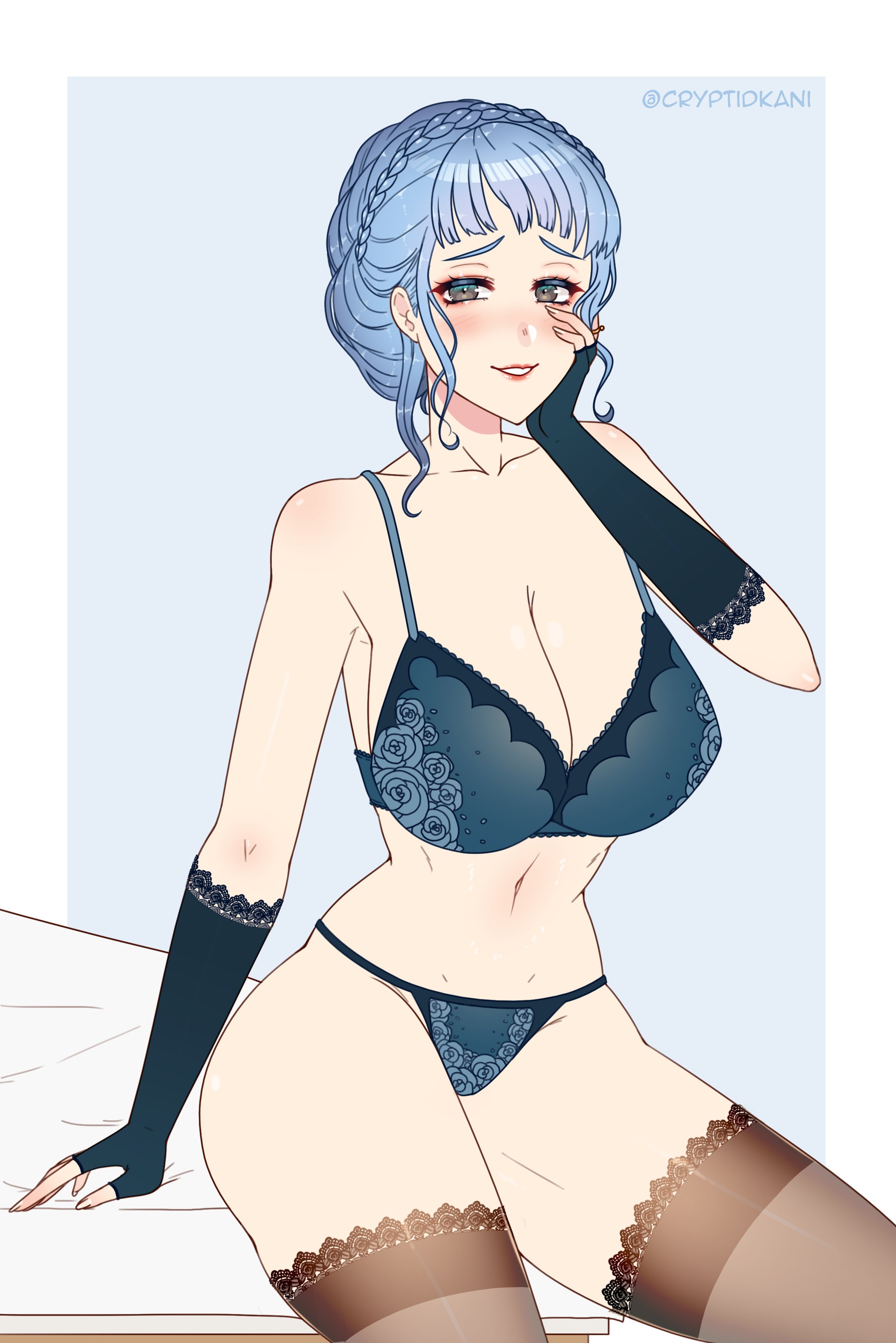 1girls, alternate costume, bare thighs, blue hair, blue panties, bra, bride, cleavage, cryptid crab, elbow gloves, female, fingerless gloves, fire emblem, fire emblem: three houses, gloves, grey eyes, grin, hand on own face, light blue hair, lingerie, looking at viewer, marianne von edmund, nintendo, on bed, panties, picot trim, picot trim bra, ring, short hair, sitting, smile, solo, solo female, thighhighs, wedding ring, wide hips
