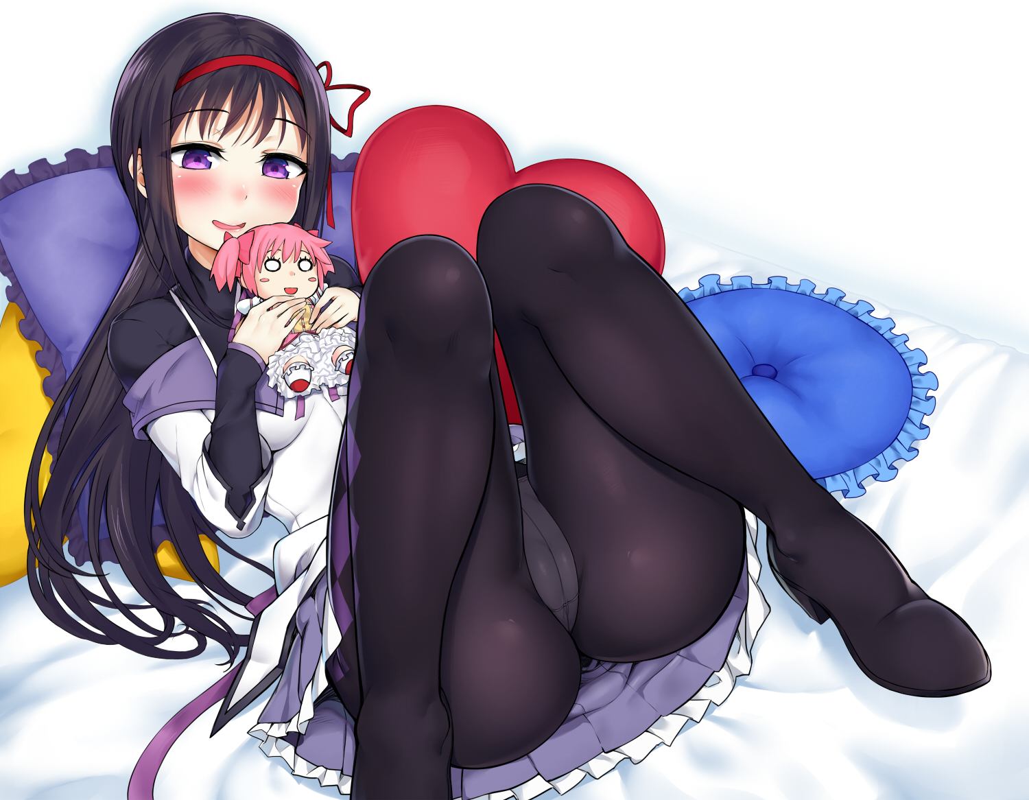 akemi homura, bed, blush, female, mahou shoujo madoka magica, panties, pantyhose, pillow, pussy, smile, thighhighs, yomomirin