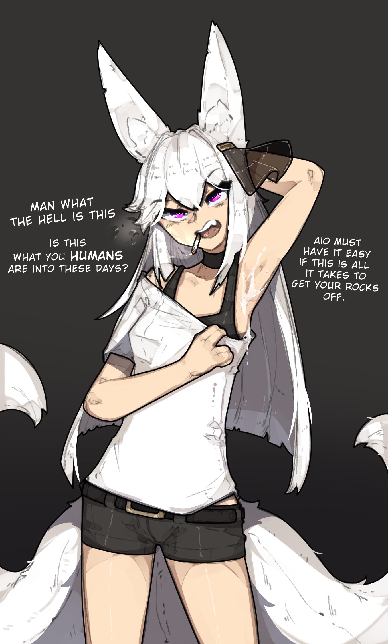 1girls, angel, angry, arm up, armpit sex, armpits, belt, bra, canid humanoid, cigarette, cum, cum on armpit, cum on body, cum on clothes, cum on upper body, fangs, female, fox ears, fox tail, light skin, light-skinned female, long hair, pale skin, pale-skinned female, purple eyes, raised arm, shizu (shuuko), shorts, shuuko, speech bubble, white hair