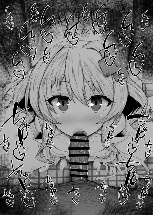 1boy 1girls alice_kisaragi big_penis black_and_white blowjob blush braid censored combatants_will_be_dispatched! dark-skinned_male dark_skin detailed_background dress drooling eyelashes fellatio hair_ornament heart human indoor inside kurotama long_hair looking_at_viewer male male_pov oral oral_sex room saliva shiny shiny_skin sketch small_breasts sound_effects squatting sweat text vein veins veiny veiny_penis