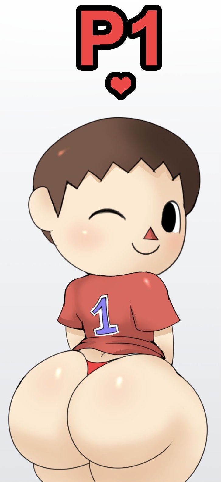 animal crossing, ass, ass focus, blush, brown hair, cute, looking at viewer, male, male only, nintendo, only player, presenting hindquarters, red shirt, solo male, super smash bros., thick thighs, thighs, toony, villager (animal crossing), wink, winking at viewer, year request, young, zeriie