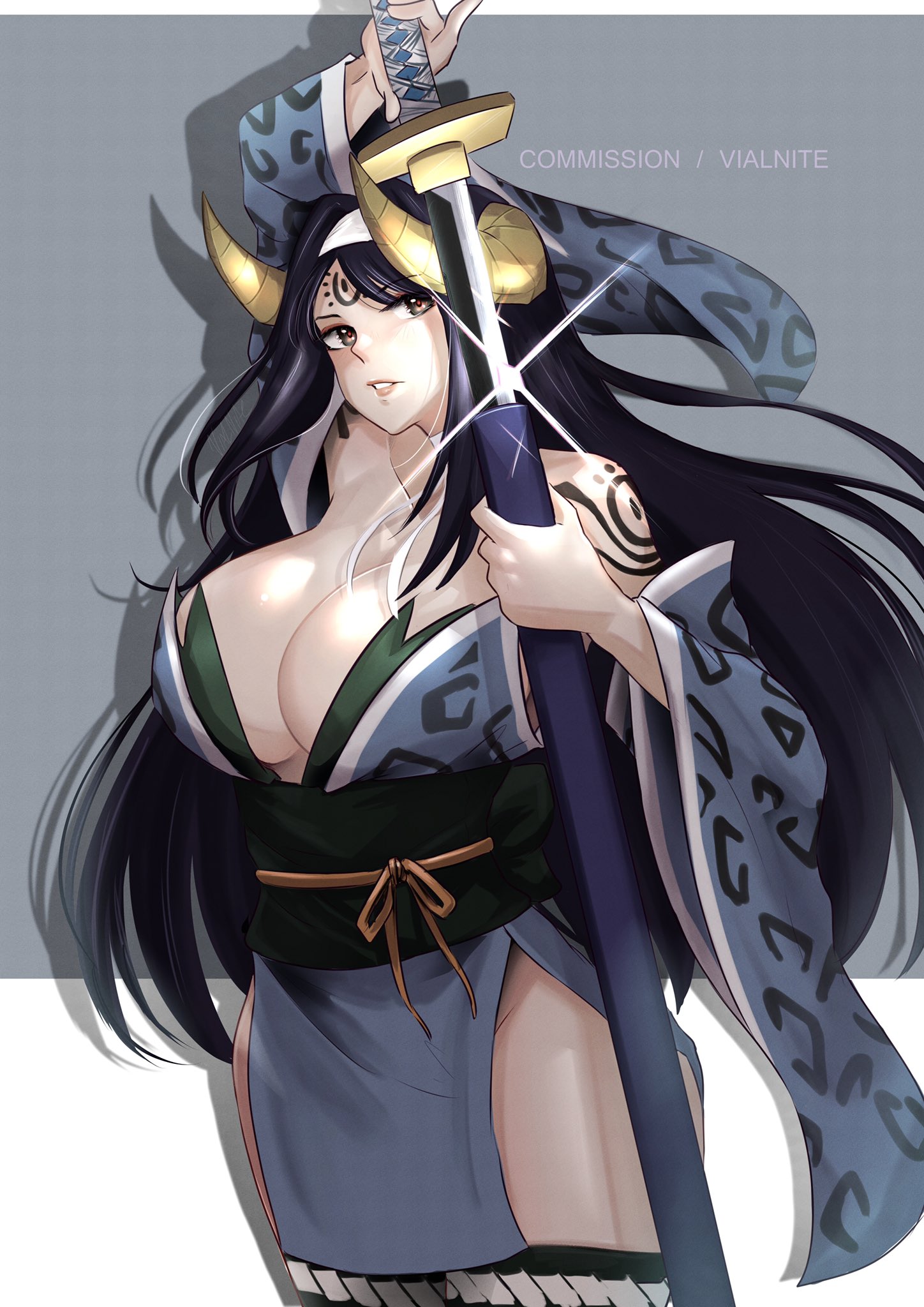 arm over head, backless outfit, bare shoulders, black hair, breasts, cleavage, commission, demon, demon girl, demon horns, detached sleeves, fairy tail, female, headband, highres, horns, japanese clothes, kimono, large breasts, long hair, obi, safe for work, sash, seilah, sheath, solo, sword, tattoo, thighhighs, upper body, vialnite, weapon