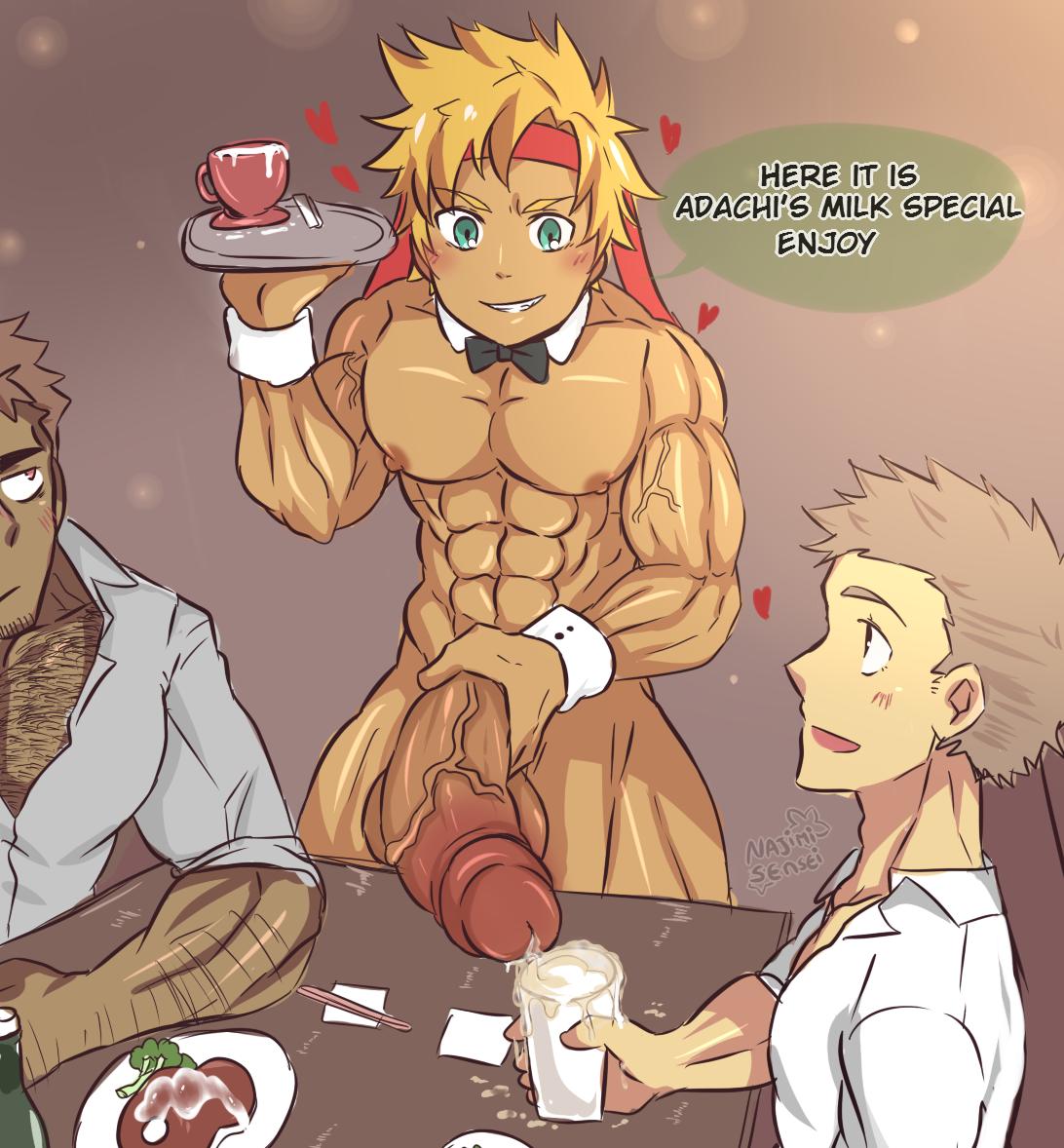 3boys, abs, balls, bara, big penis, blonde hair, blush, bowtie, brown hair, cum, erection, glass, green eyes, grin, headband, indoors, male, male focus, male only, multiple boys, multiple males, muscles, muscular, muscular male, najimi-sensei, nipples, nude, pecs, penis, shirt, short hair, smile, testicles, veiny penis, yaoi