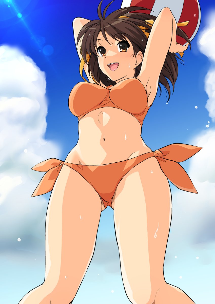 1girls, ball (object), beach, beach ball, bikini, breasts, female, haruhisky, orange bikini, outdoors, small breasts, smiling, solo, suzumiya haruhi, suzumiya haruhi no yuuutsu, swimsuit, winking