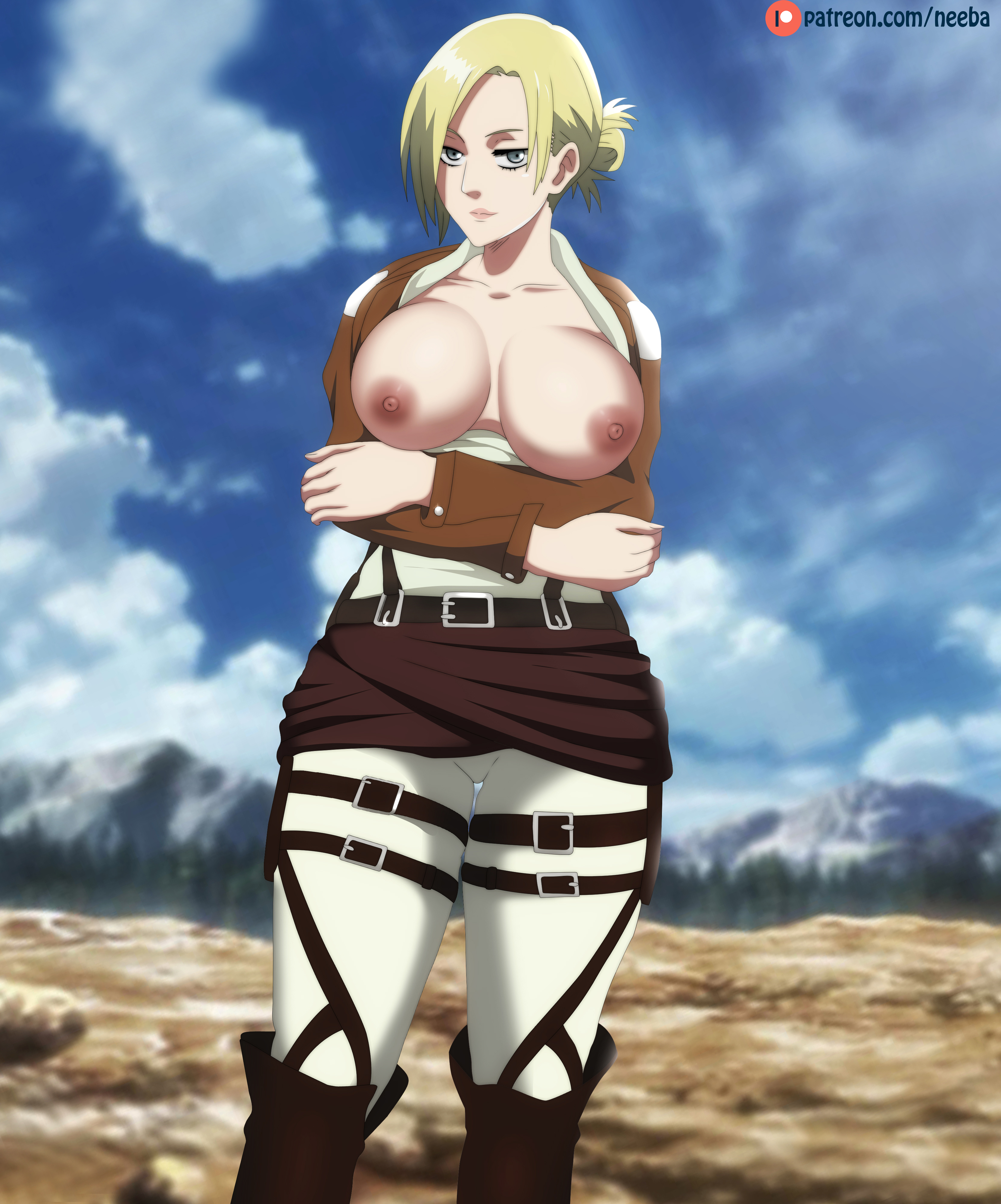 1girls, absurd res, alternate version available, annie leonhardt, arms under breasts, attack on titan, belt, big breasts, blonde hair, blonde-haired female, blue eyes, blue sky, boots, breasts, breasts out, breasts out of clothes, clothed, clothing, clouds, crossed arms, female, female only, hair bun, high resolution, hoodie, jacket, landscape, leg strap, light skin, light-skinned female, long hair, looking at viewer, neeba, no bra, no underwear, open clothes, outdoors, paipan, pale skin, pale-skinned female, pants, parted bangs, patreon username, pinup, posing, presenting, presenting breasts, shingeki no kyojin, shiny, shiny hair, shiny skin, skindentation, sky, smile, solo, solo female, solo focus, standing, straps, uncensored, uniform, url, web address