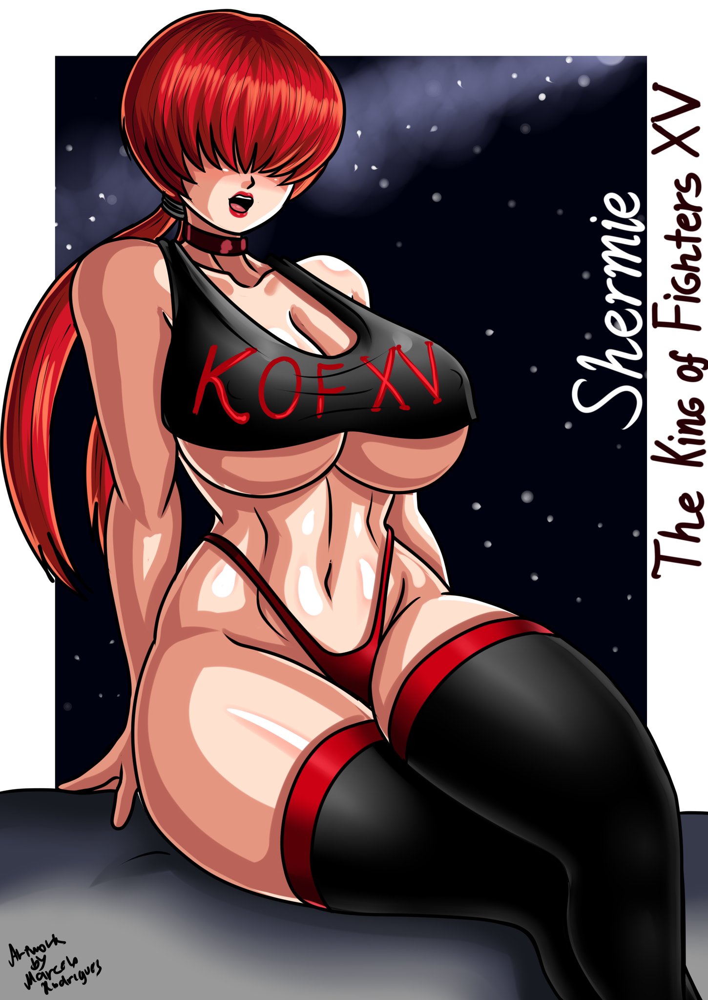 big breasts, breasts, busty, female, female focus, female only, g-string, hair over eyes, hourglass figure, king of fighters, pose, posing, red hair, rodriguesd-marcelo, shermie (kof), sitting, snk, solo, underboob, wide hips