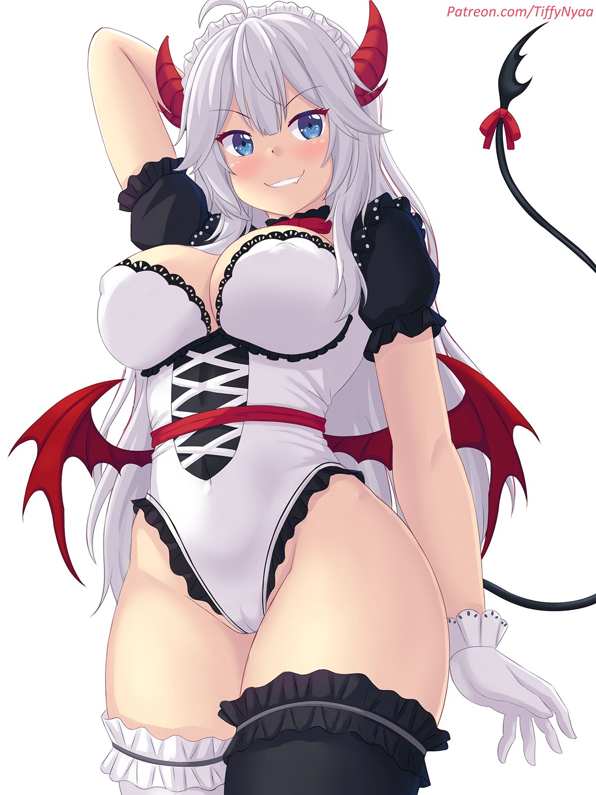 asymmetrical legwear, blue eyes, blush, breasts, cameltoe, cleavage, demon, demon girl, demon horns, demon tail, demon wings, fang, fangs, female, gloves, horns, large breasts, looking at viewer, pussy, standing, succubus, tagme, tail, thighhighs, thighs, tiffynyaa, veibae, virtual youtuber, vshojo, white hair, wings