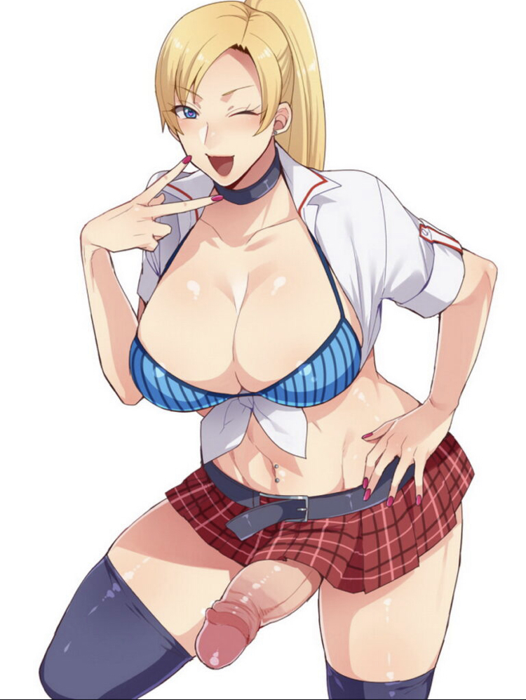 1futa, big breasts, big penis, bikini, blonde hair, bra, breasts, cleavage, clothed, clothing, dickgirl, futa only, futanari, gyaru, human, intersex, josou gal bitch gakuen, judy (josou gal bitch gakuen), light skin, light-skinned futa, miniskirt, mogiki hayami, mostly nude, pale skin, penis, penis under skirt, skirt, solo, trans woman, transfem, wink