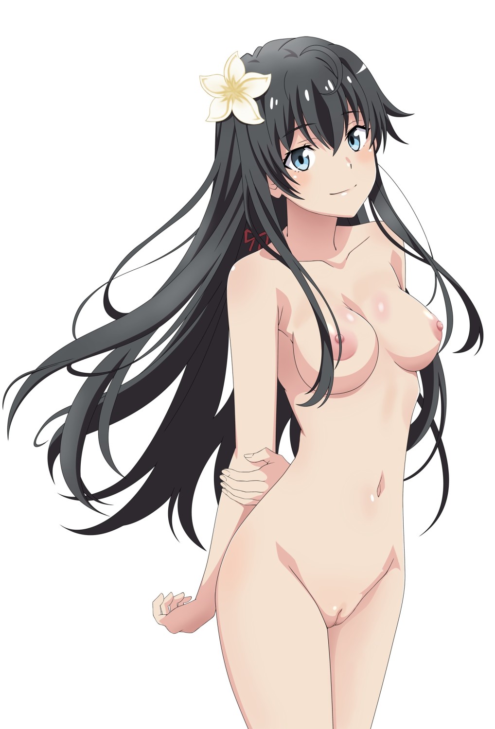 1girls, arms behind back, artist request, bare shoulders, blush, breasts, female, female only, flower in hair, holding arm, long hair, looking at viewer, my teen romantic comedy snafu, nude, presenting, pussy, solo, tagme, uncensored, yukinoshita yukino