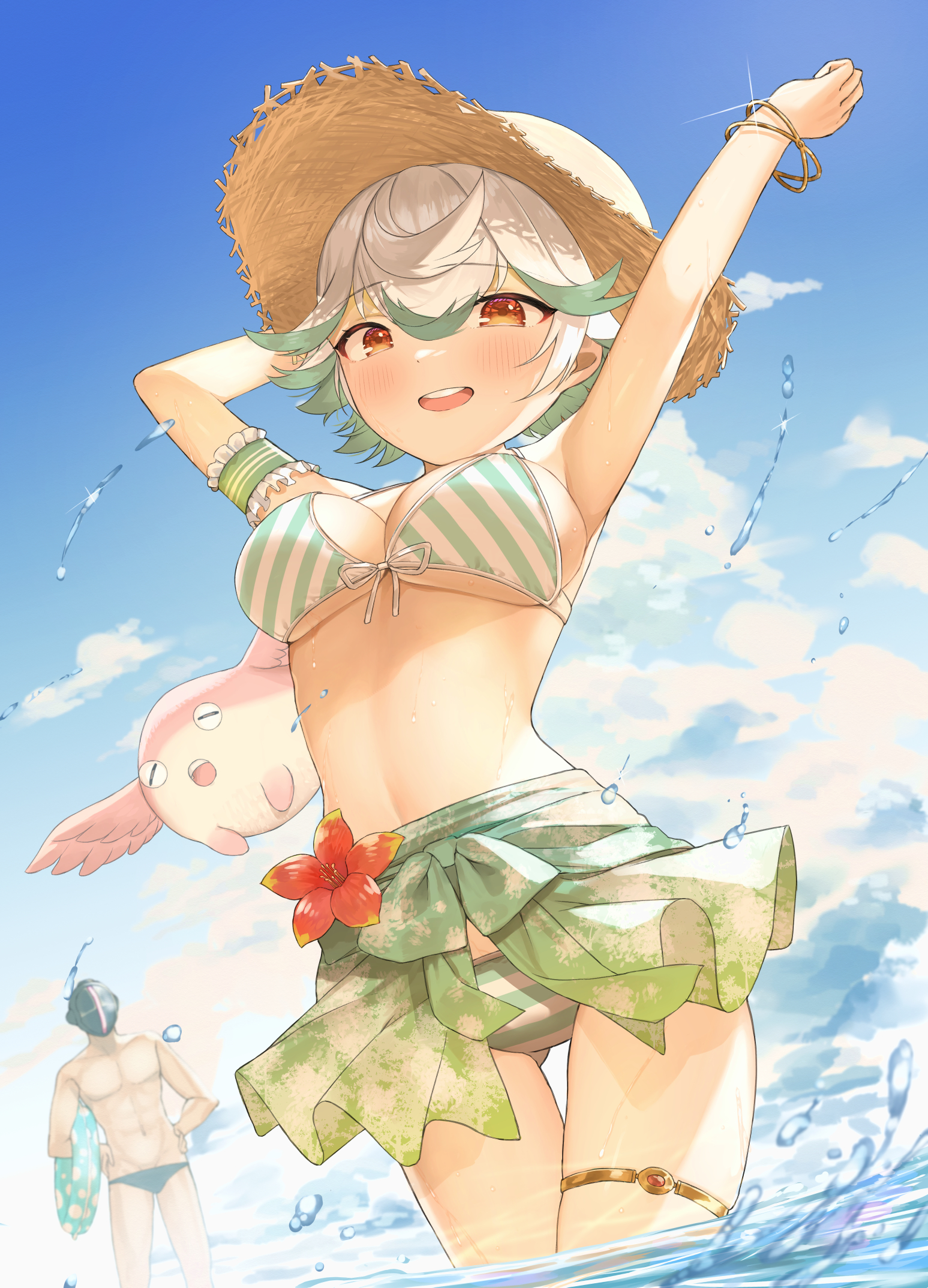 1boy, 1girls, adoptive daughter, armband, arms up, background character, beach, big breasts, bikini, blush, bondrewd, bracelets, breasts, dilf, father and daughter, female, female focus, hat, innertube, looking at viewer, low-angle view, made in abyss, male, meinya, outside, parent and child, prushka, red eyes, sarong, short hair, straw hat, striped bikini, sun hat, sweat, takumi11, thigh gap, thigh strap, thighlet, two-tone hair, underboob, water, white hair