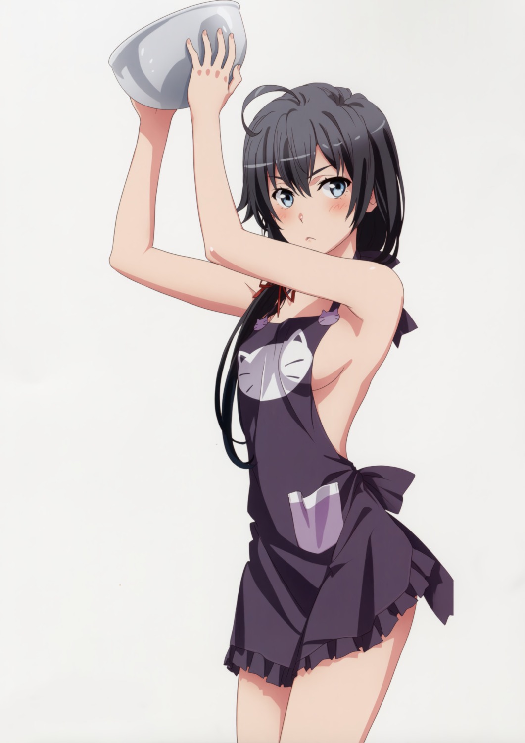 1girls, apron, armpits, arms up, bare shoulders, blush, bowl, breasts, female, female only, long hair, looking at viewer, my teen romantic comedy snafu, official art, sideboob, solo, tagme, tanaka yuuichi, yukinoshita yukino