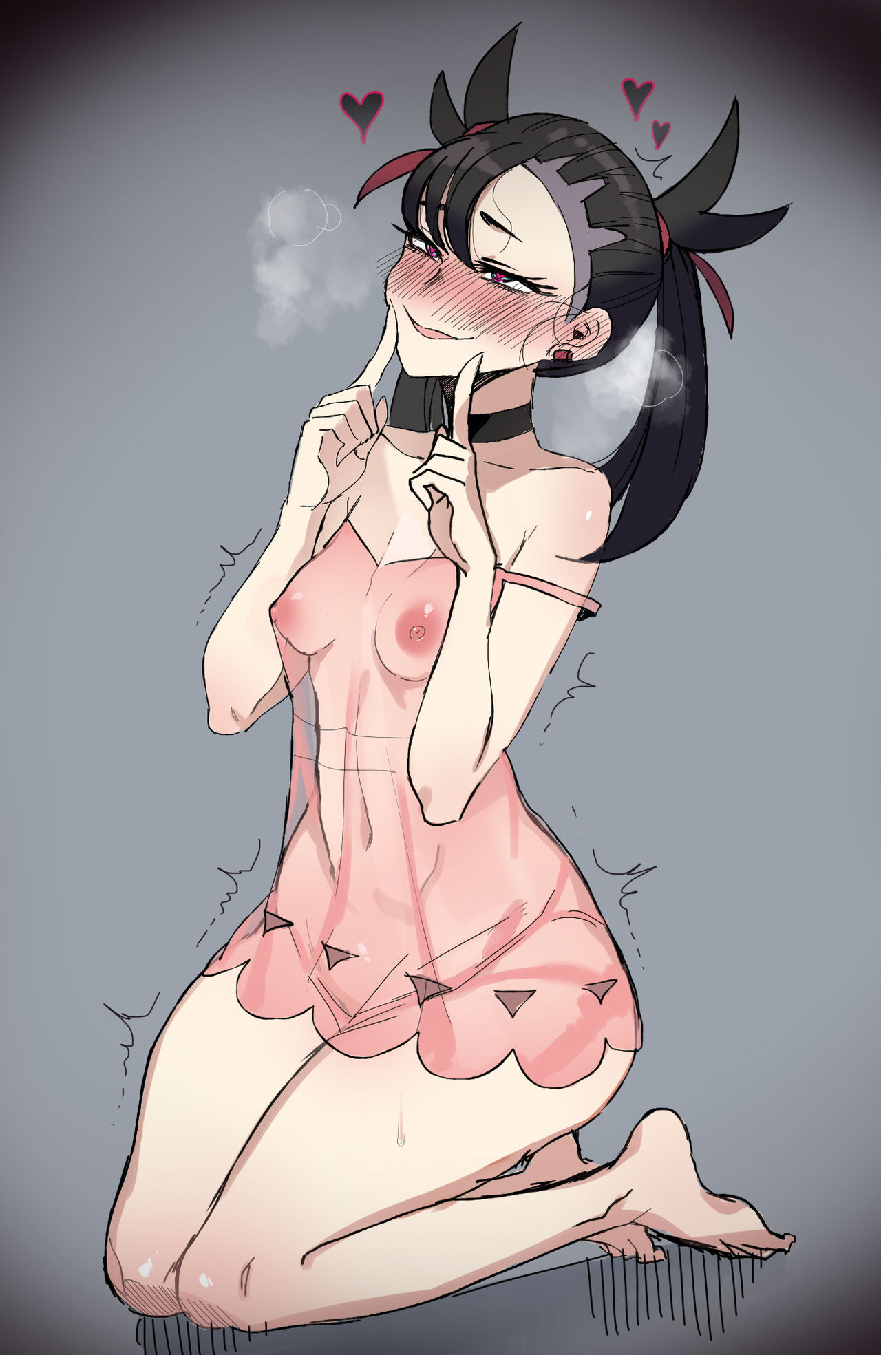 1girls, areolae, belly button, black hair, black-haired female, blush, breasts, choker, covered nipples, dress, feet, female, full body, green eyes, heart-shaped pupils, kneeling, light skin, light-skinned female, lingerie, marnie (pokemon), negligee, no bra, no panties, pale skin, pale-skinned female, pokemon, pokemon ss, ratatatat74, see-through, see-through clothing, smile, solo, steamy breath, symbol-shaped pupils, trembling