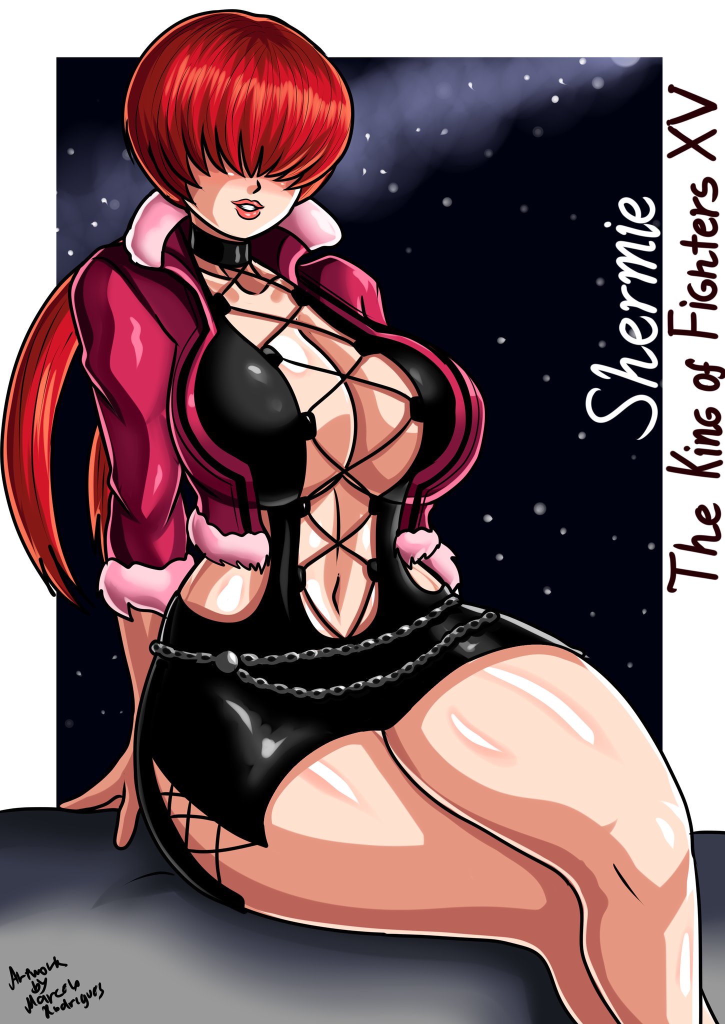 big breasts, breasts, busty, female, female focus, female only, hair over eyes, hourglass figure, king of fighters, pose, posing, red hair, rodriguesd-marcelo, shermie (kof), sitting, snk, solo, wide hips