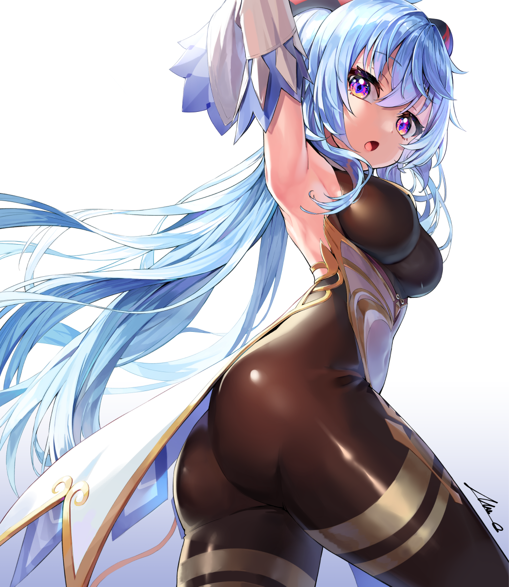 :o, armpits, arms up, ass, black bodysuit, black legwear, blue hair, bodysuit, breasts, detached sleeves, female, ganyu (genshin impact), genshin impact, horns, long hair, long sleeves, looking at viewer, medium breasts, open mouth, overlord (overlord80000), purple eyes, simple background, sleeveless, solo, white background