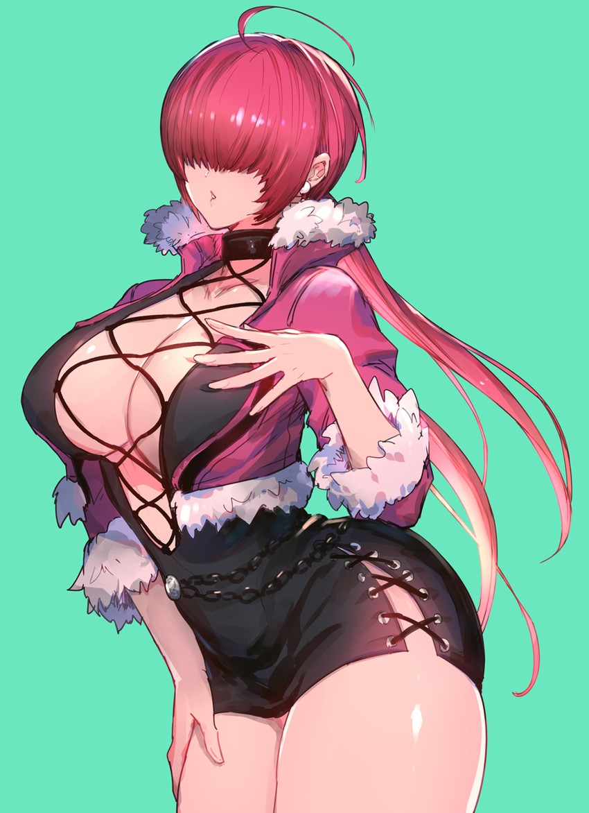 breasts cleavage cleavage_cutout clothing_cutout commentary cropped_jacket earrings female green_background hair_over_eyes highres jewelry king_of_fighters king_of_fighters_xv large_breasts leotard lipstick long_hair makeup miniskirt oro_(sumakaita) ponytail red_hair shermie_(kof) simple_background skirt snk solo symbol_commentary thighs twintails