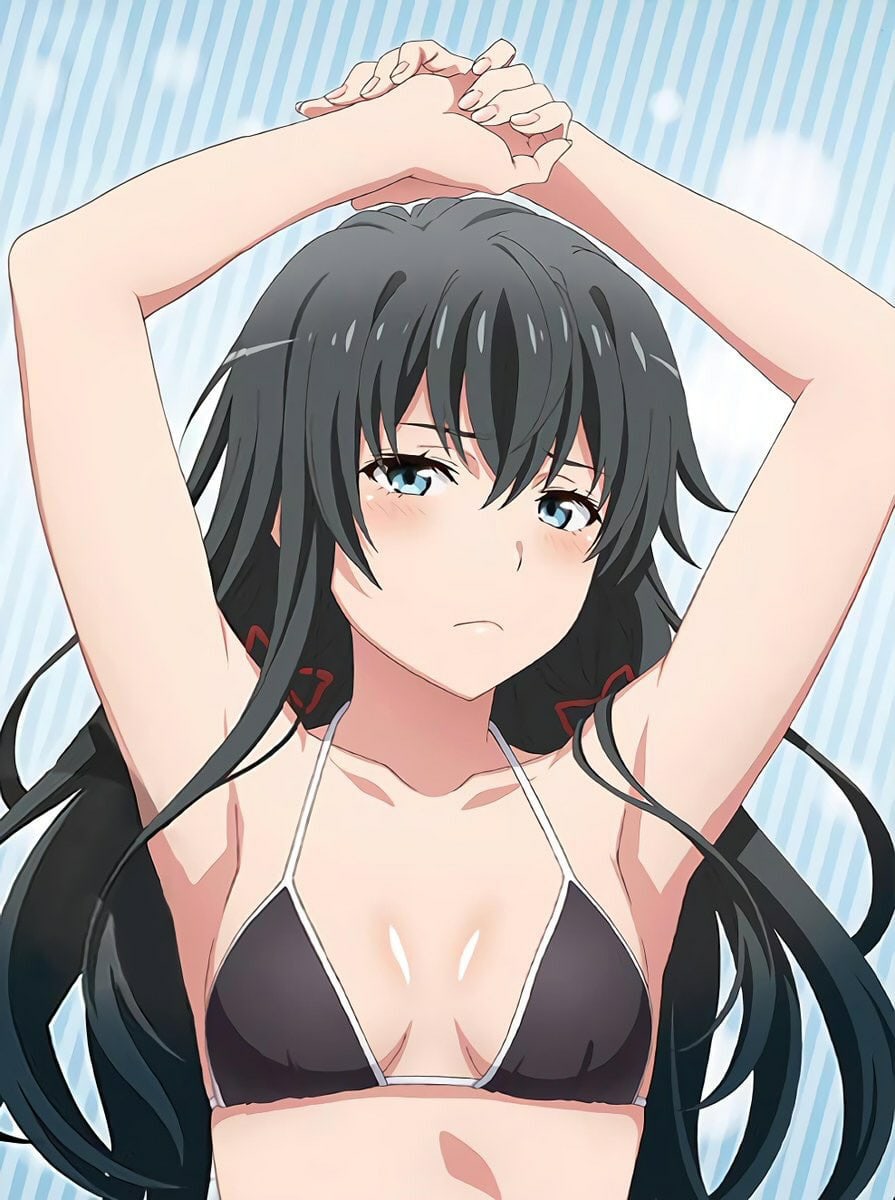 1girls, armpits, arms up, artist request, bikini, bikini top, black hair, blush, female, female only, laying down, long hair, looking at viewer, my teen romantic comedy snafu, presenting, solo, tagme, yukinoshita yukino