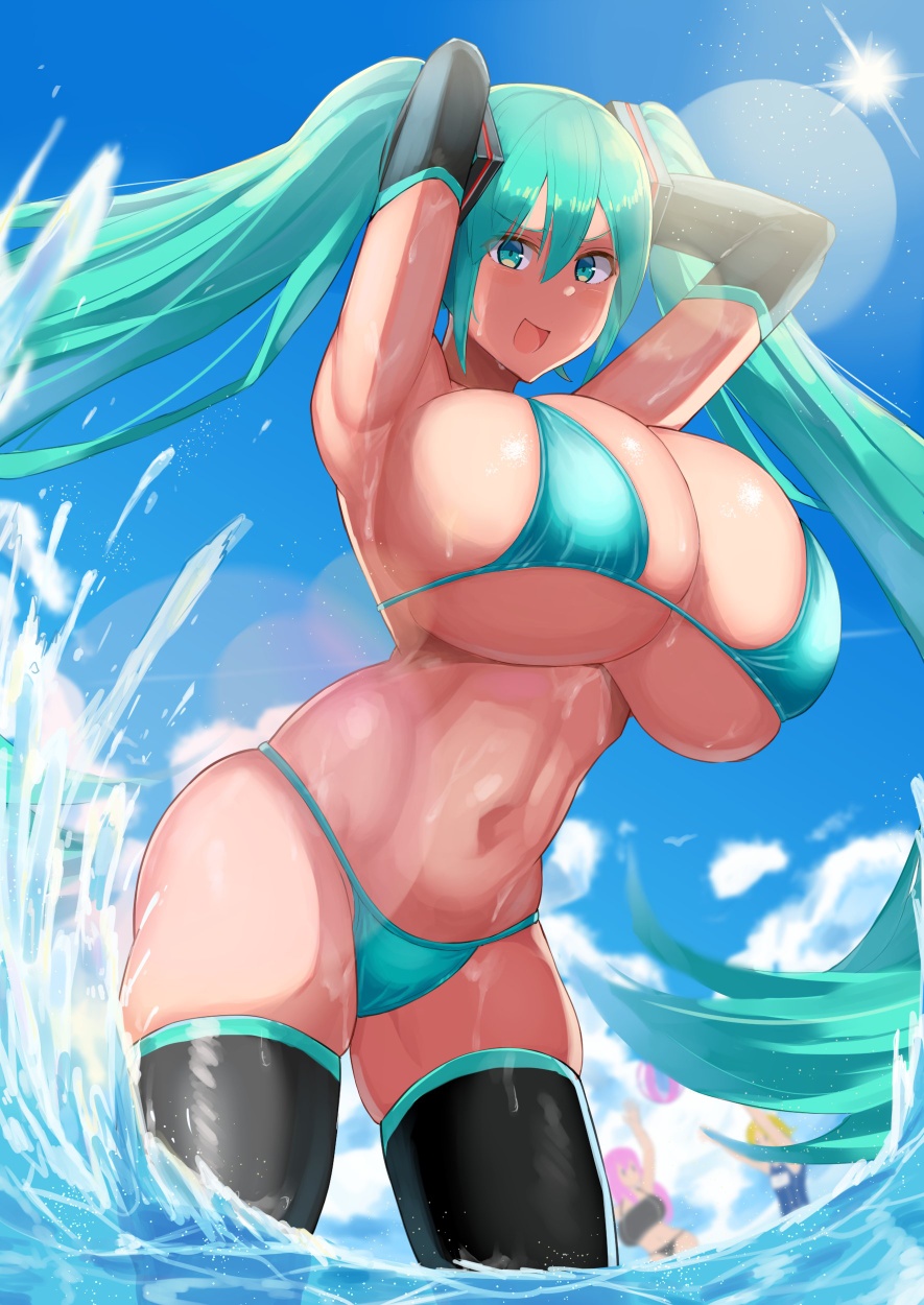 1girls aqua_bikini aqua_hair armpits arms_up beach breasts cleavage day facominn hands_behind_head hatsune_miku huge_breasts in_water large_breasts lens_flare looking_at_viewer outdoors people_in_background portrait sky solo_focus standing swimsuit thighhighs vocaloid